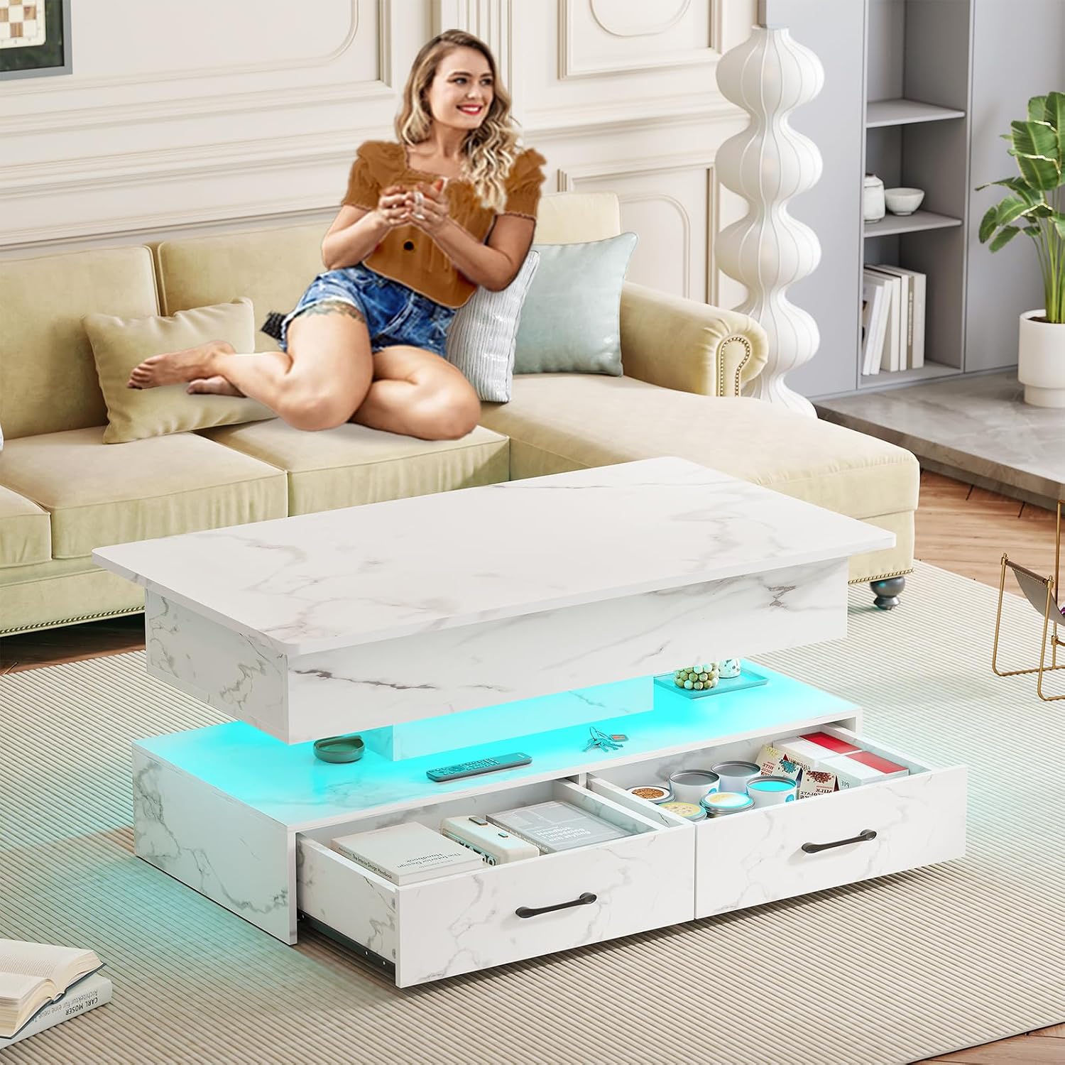 SEDETA 40' Lift Top Coffee Table, Coffee Tables with Storage for Living Room, Small Coffee Table with 2 Drawers & LED Light for Dining Reception Room, White Marble