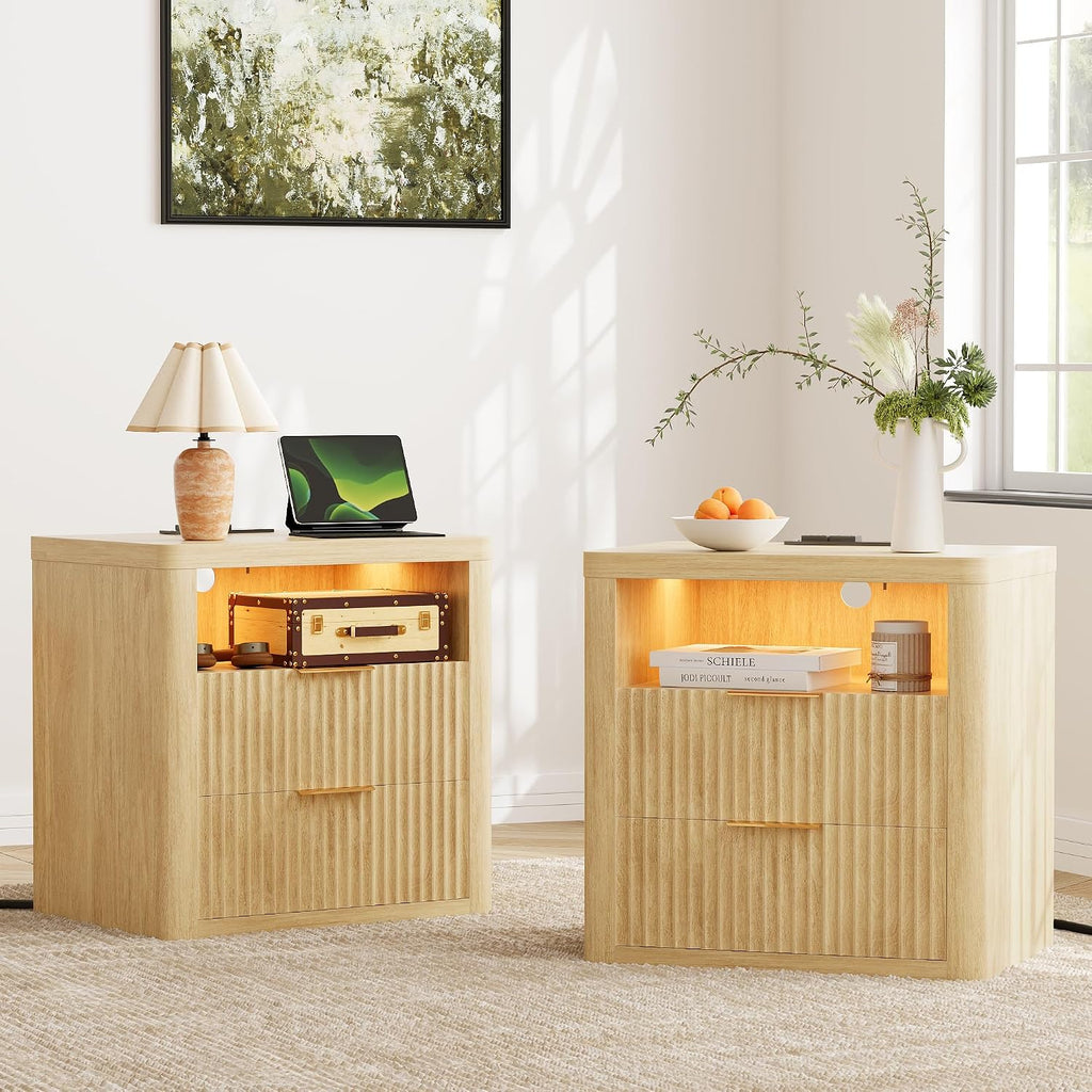 YESHOMY Fluted Nightstands Set of 2 with Charging Station,24' Night Stand with 2 Drawers and Storage Shelf,RGB LED Lighting,Arc Edge Fluted Bedside Table for Bedroom,Natural Wood