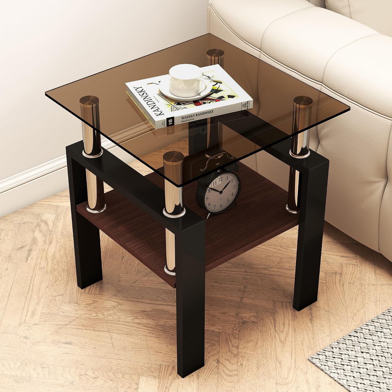 Glass Coffee Table Sets of 3 for Living Room, Mordern End Tables with Storage, Walnut Wooden Shelves & Black Metal Leg, Rectangle Center Table for Small Space Apartment (Brown+Black)