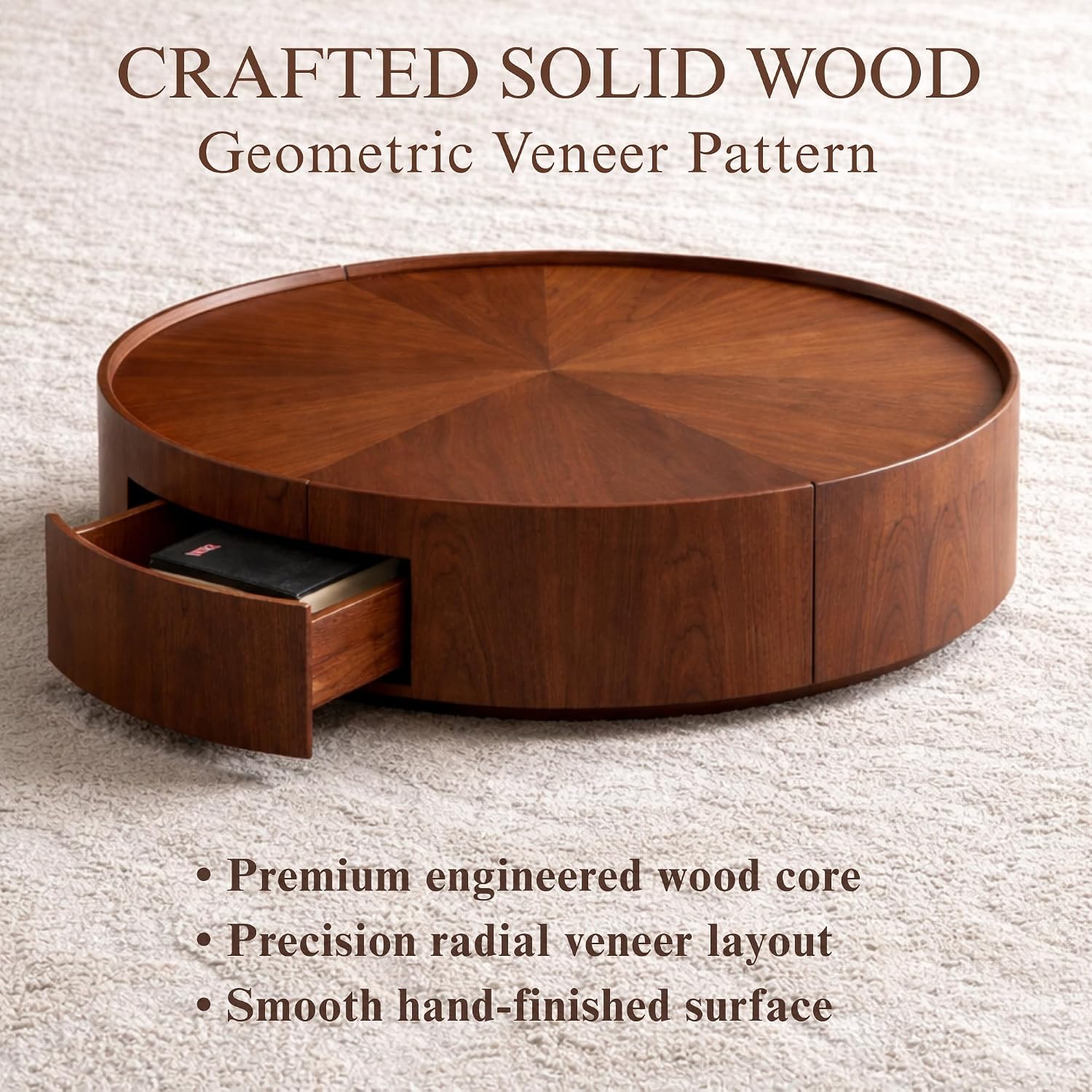 35.4' Round Drum Coffee Table with 2 Drawers, Modern Walnut Wood Storage Coffee Table, Low Profile Circle Cocktail Center Table for Living Room, No Assembly Required