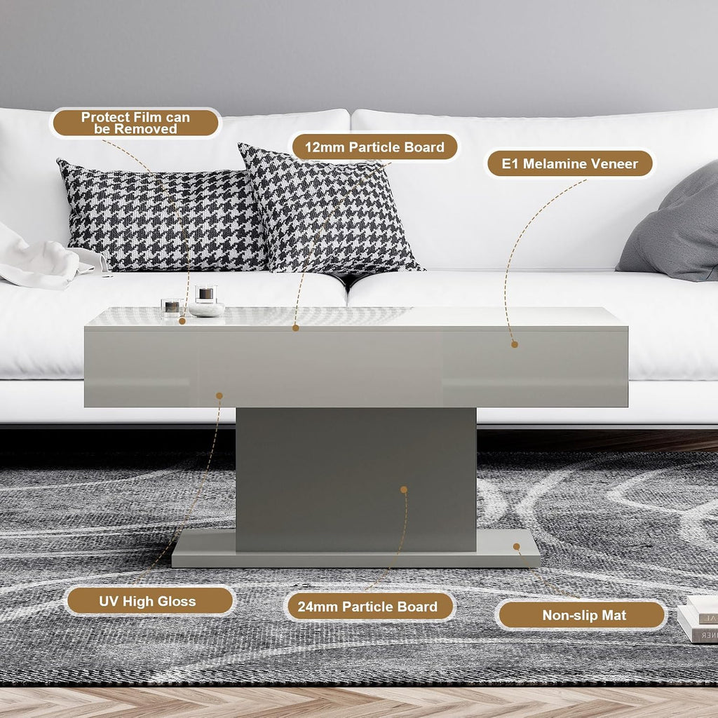 HedoAjim Led Coffee Table for Living Room, Living Room Table Rectangular Center Table, Modern High Glossy Wooden Coffee Tables with 16 Colors LED Lights for Dining Reception Room, Grey