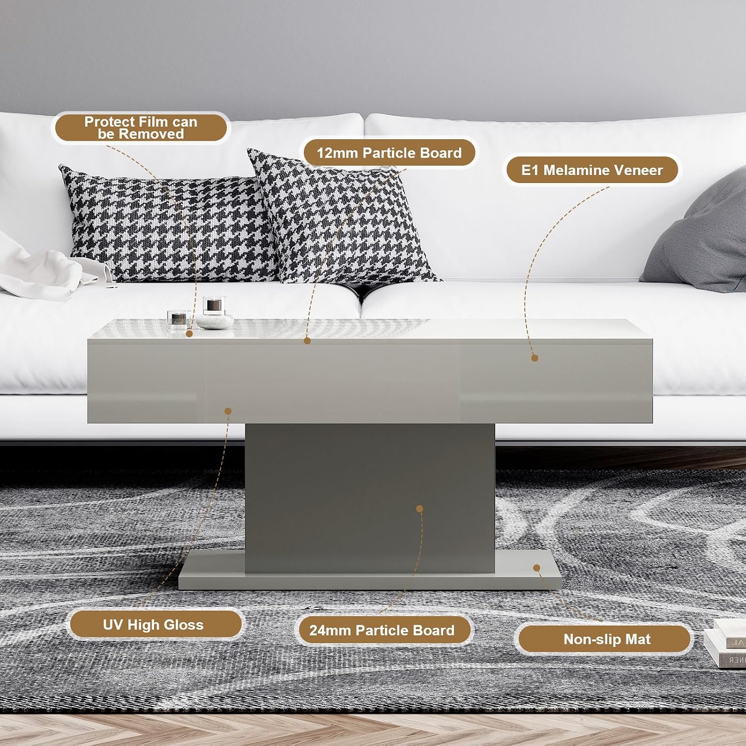 HedoAjim Led Coffee Table for Living Room, Living Room Table Rectangular Center Table, Modern High Glossy Wooden Coffee Tables with 16 Colors LED Lights for Dining Reception Room, Grey