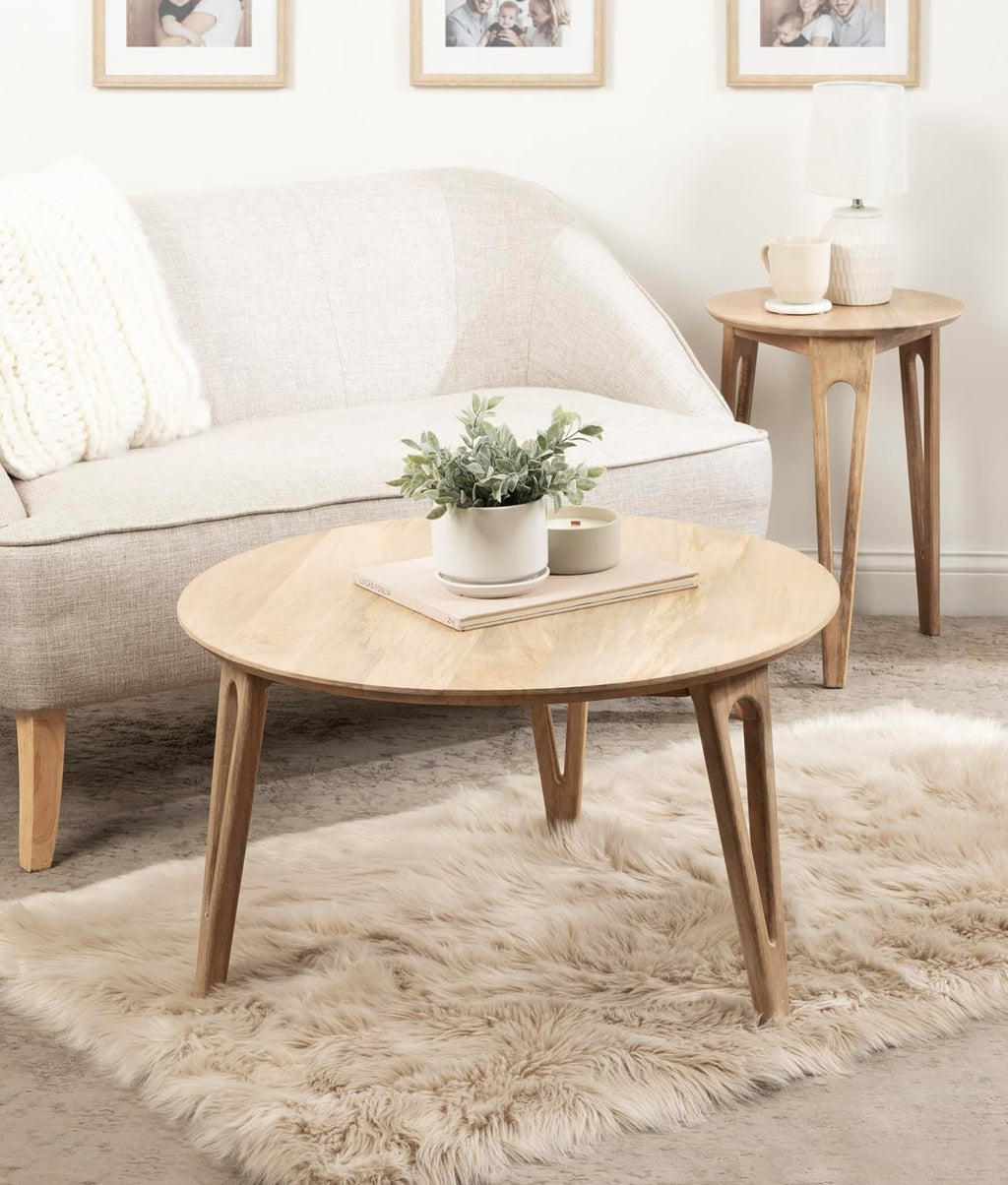 Kate and Laurel Kershaw Transitional Round Coffee Table; 30 x 30 x 19; Natural Wood; Circle Living Room Table with Solid Mango Wood Construction and Tapered Hairpin Legs