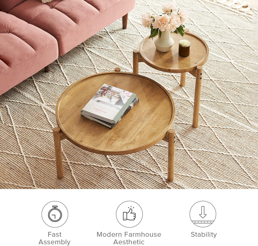 mopio Dylan Solid Wood Nesting Coffee Table Set (Mango Wood Oak, Round)