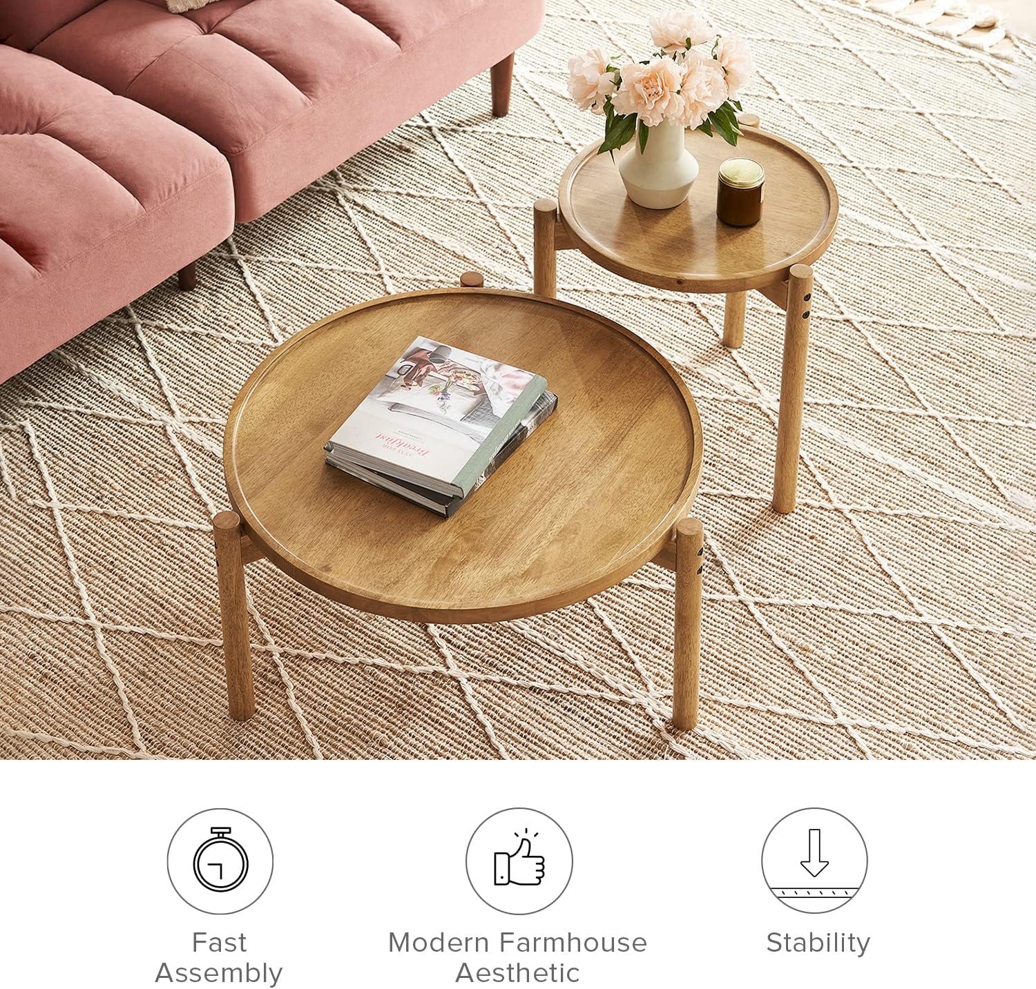 mopio Dylan Solid Wood Nesting Coffee Table Set (Mango Wood Oak, Round)