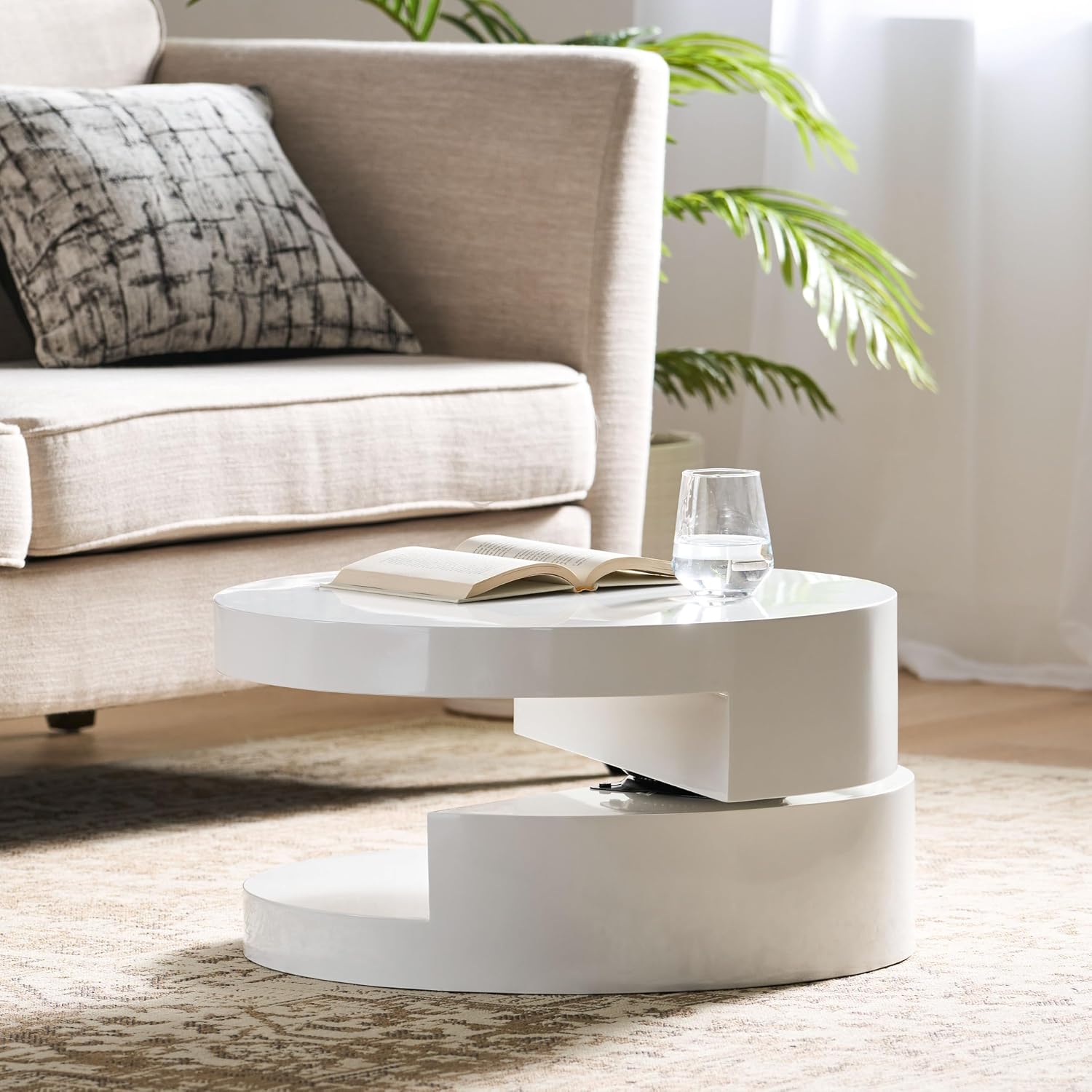 Modern Round White Coffee Table, 2-Tier Rotatable, Small, Easy Assembly, Contemporary Side Table, End Table for Living Room, 23.6'' x 13''