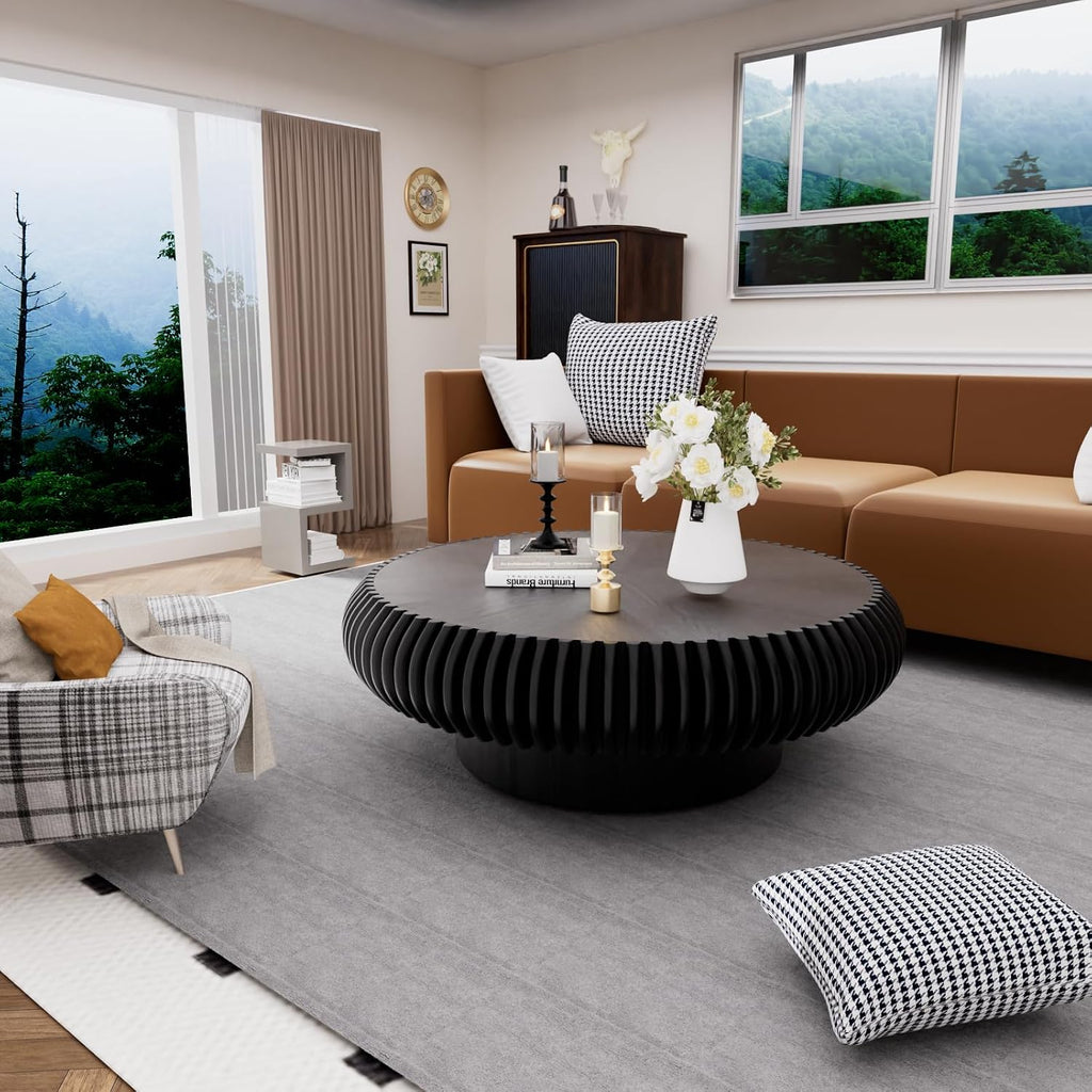 Round Coffee Table for Living Room Modern Black Fluted Coffee Table Round Drum Coffee Tables Low Circle Pedestal Center Table for Small Spaces (A Black, 39.3 in)