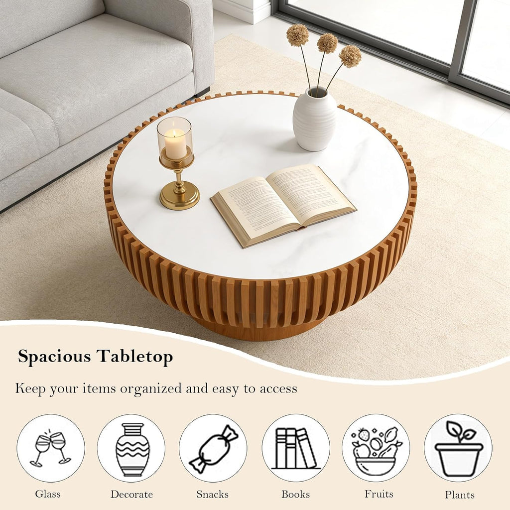 31.5' Round Fluted Coffee Table Unique Contemporary Wood Low Circle Drum Tea Tables with Spacious Rock Slab Tabletop & Sturdy Pedestal for Small Space (K 31.5in)