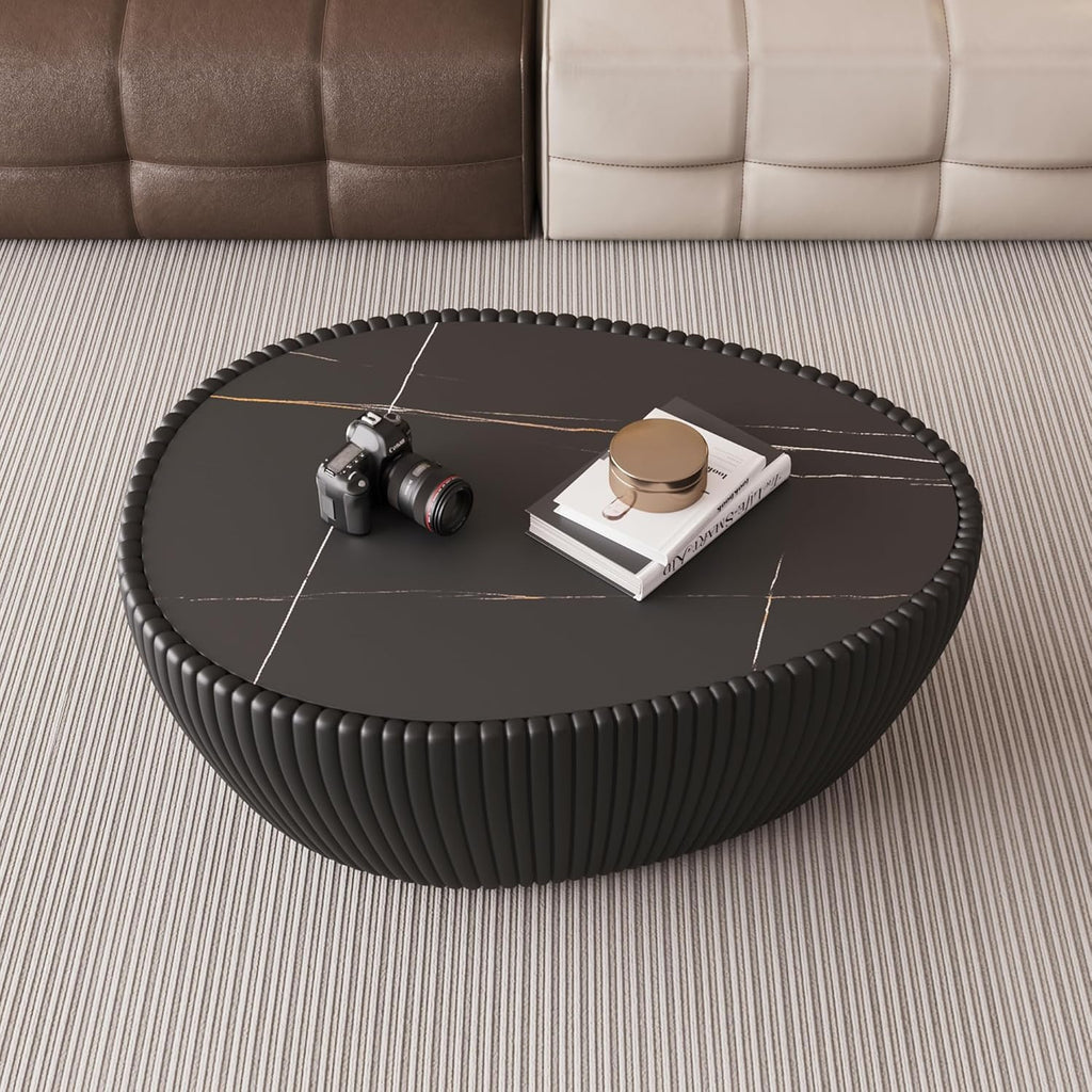 32'' Goose Egg Shaped Coffee Table, Black Sintered Stone Top with Unique Pattern & Leather Wrapped, Modern Side Sofa Table, No Assembly