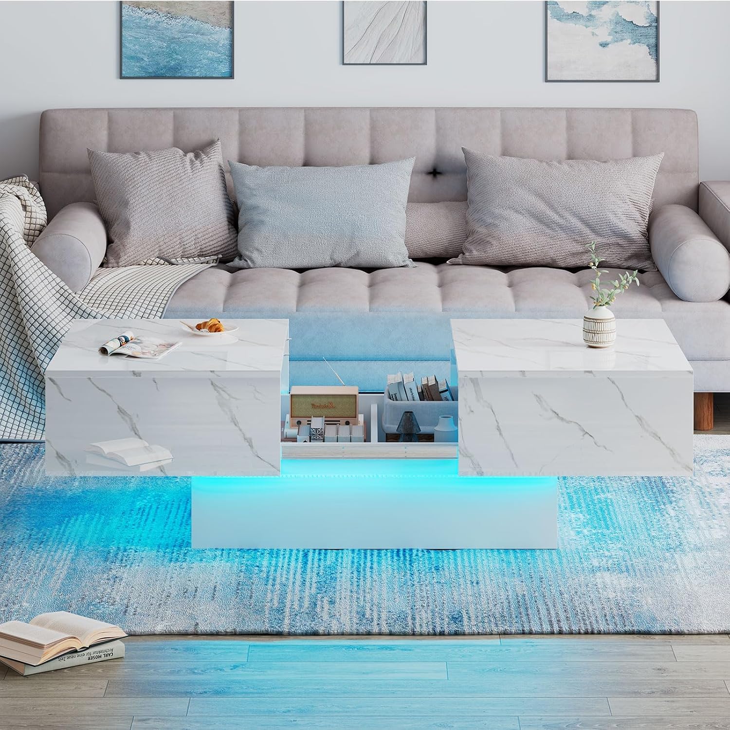 HedoAjim White Marble LED Coffee Table with Storage for Living Room, Living Room Table Rectangular Center Table, Modern High Glossy Wooden Coffee Tables for Dining Reception Room