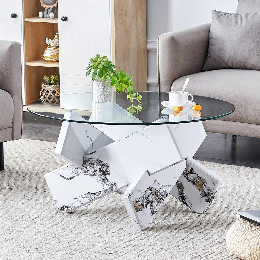 33.4'' Tempered Glass Round Coffee Table for Living Room, Modern Circle Coffee Table, Glass Tabletop & Wood Base, Easy Assembly, White