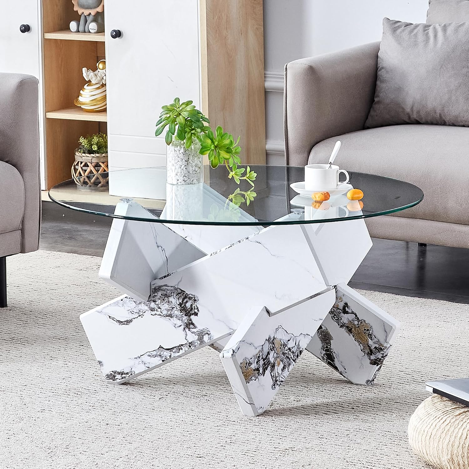 33.4'' Tempered Glass Round Coffee Table for Living Room, Modern Circle Coffee Table, Glass Tabletop & Wood Base, Easy Assembly, White
