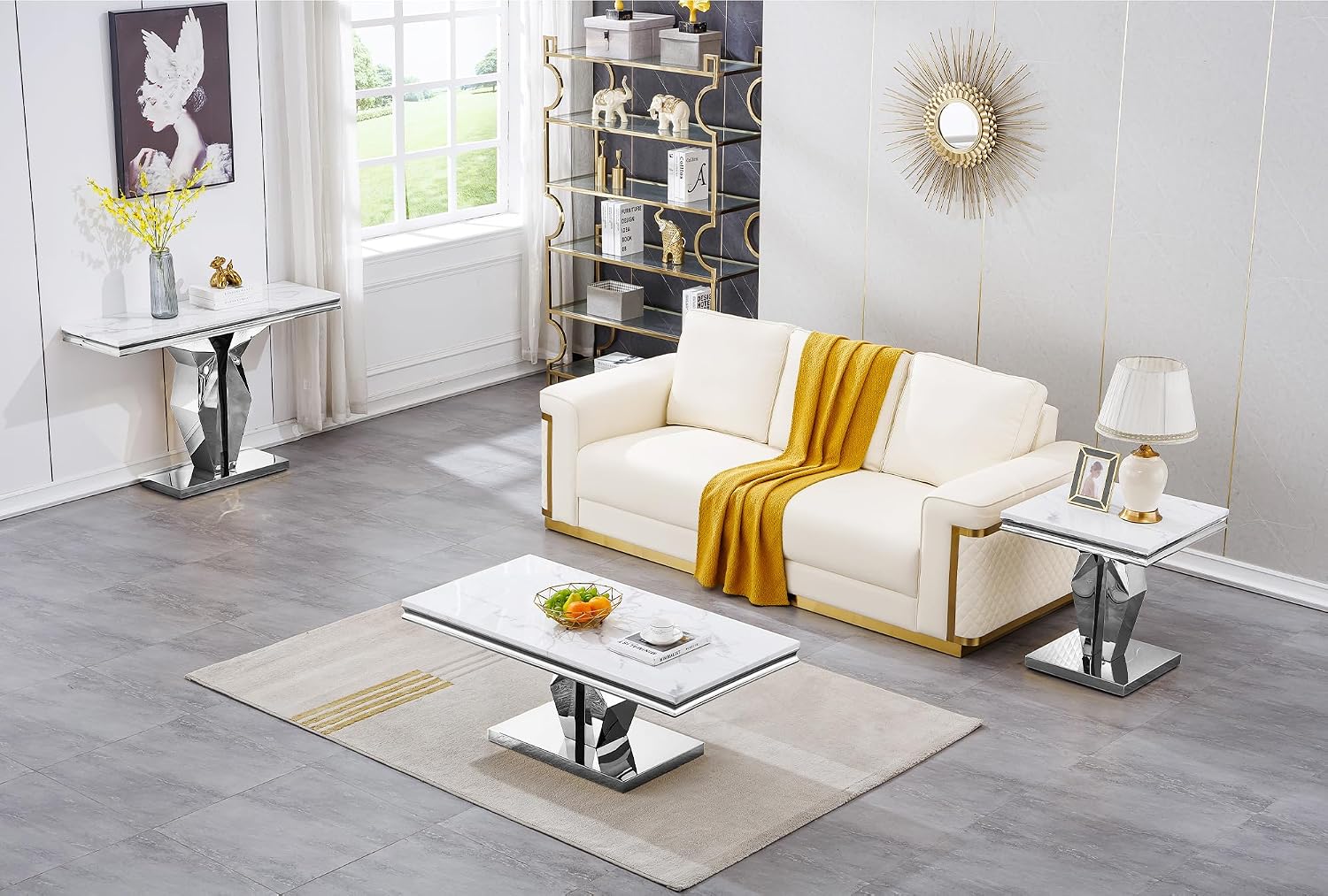 Henf 3 Piece Living Room Table Set, Faux Marble Coffee & Console & End Tables, Luxury White Gold Coffee Table Set of 3 with Mirrored Stainless Steel Base for Living Room Apartment