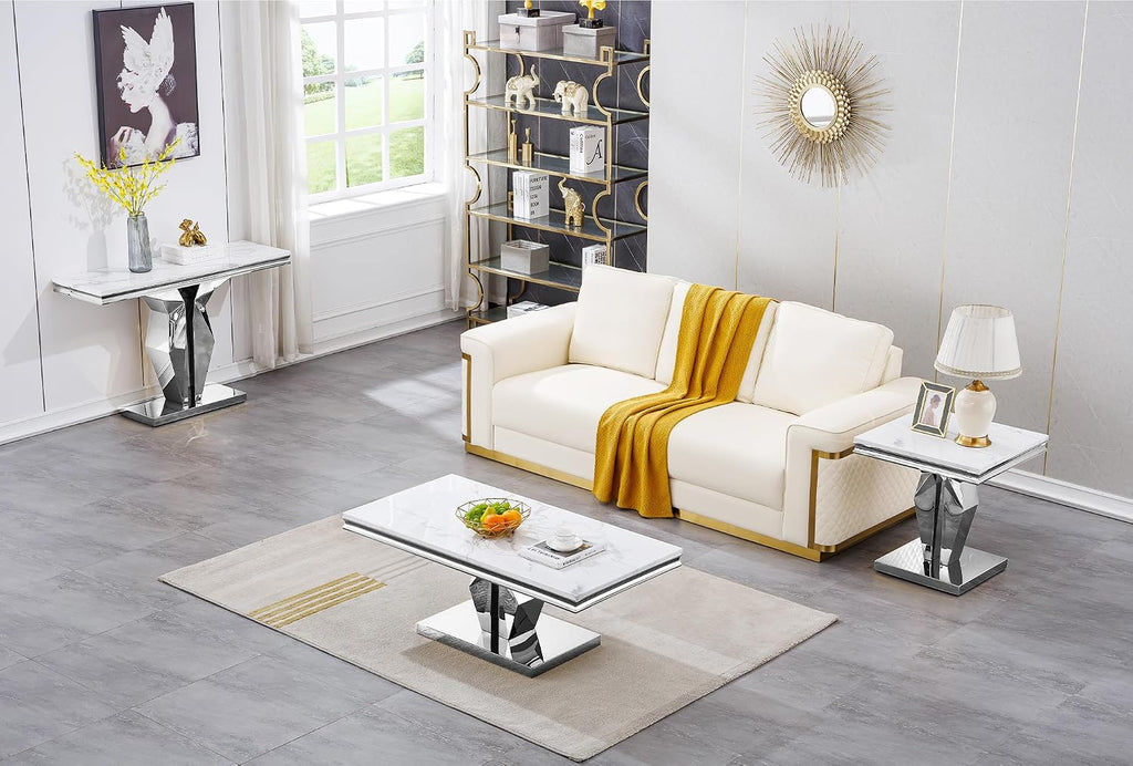 3 Pieces Living Room Table Set, Faux Marble Coffee Table Set of 3, Modern Coffee Table, Console Table and End Table with Y-Shaped Stainless Steel Base for Living Room (White Silver)
