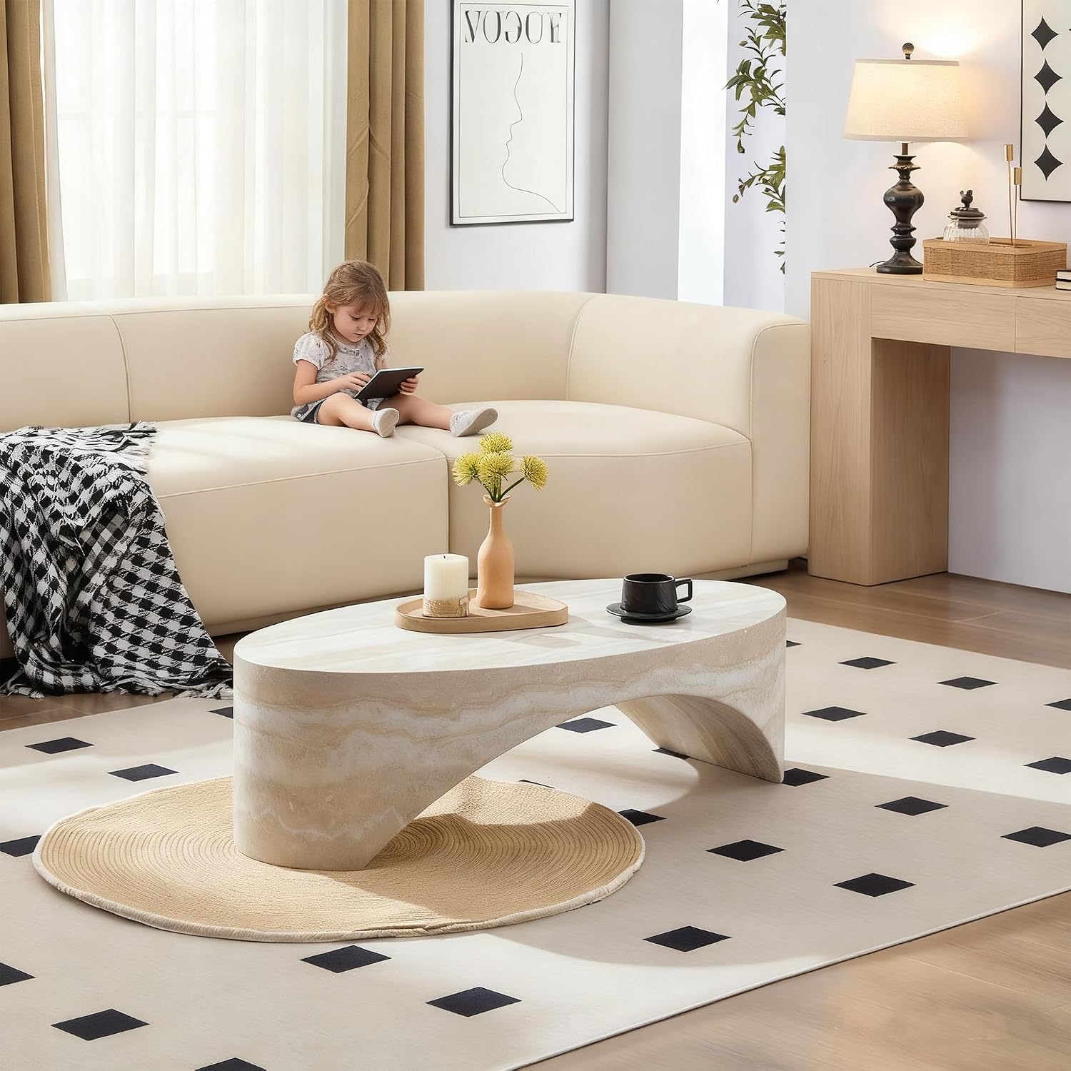 43.31'' Oval Coffee Table in Faux Marble, Modern Fiberglass Arched Coffee Tables, Minimalist Bridge Coffee Table, Stone Center Side Table for Living Room, Office, Apartment, or Balcony