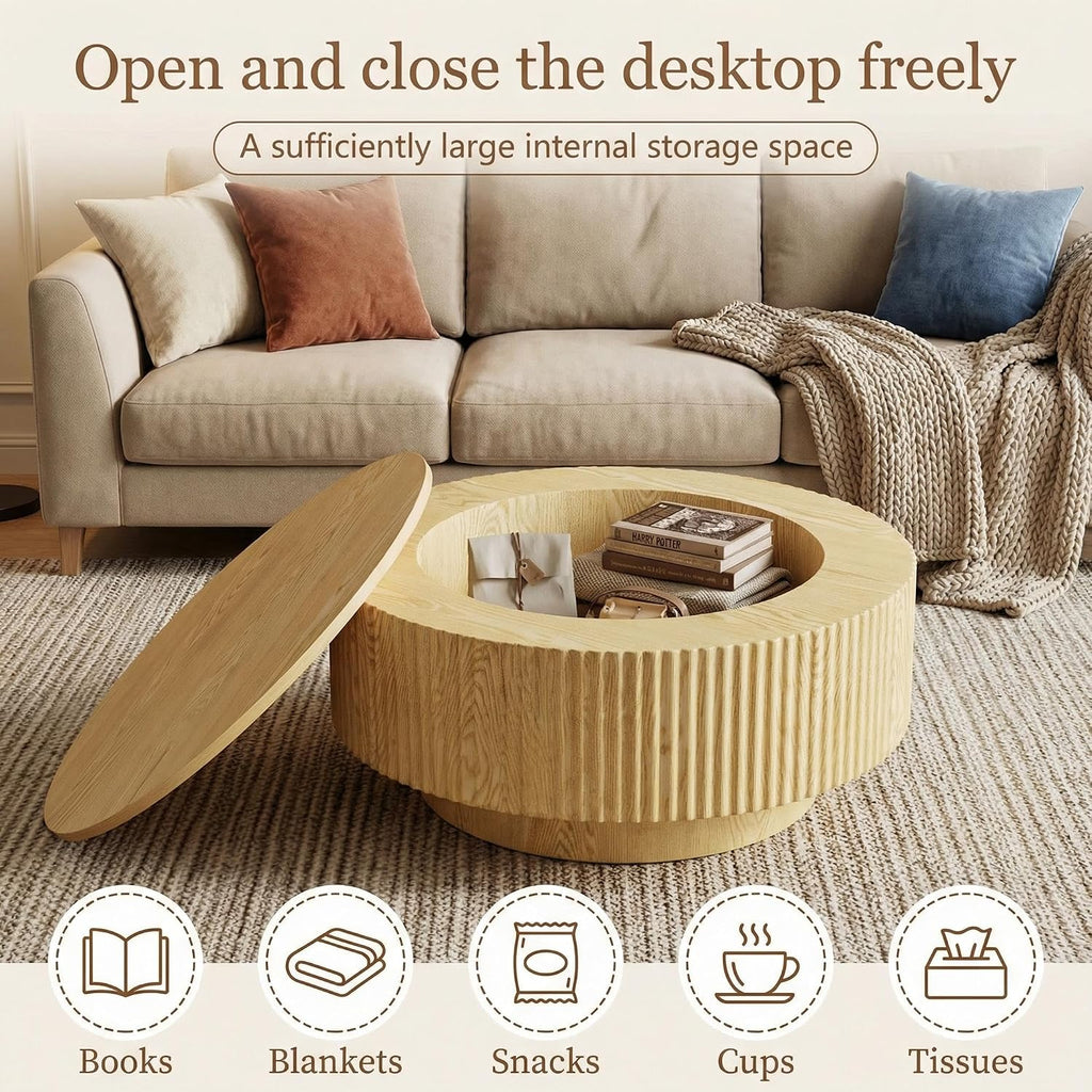 Round Coffee Table, Fluted Coffee Table with Storage, Modern Living Room Table Beside Sofa, Circle Coffee Table for Living Room, Couch, Conference Room