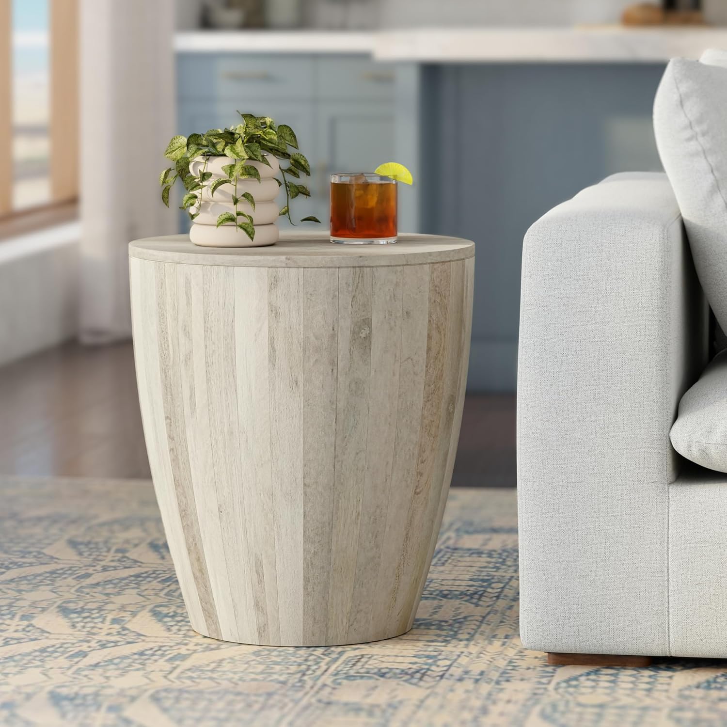 SIMPLIHOME Elmbrook End Table - 21 inch Wide Solid Mango Wood Round Drum Table with Vertical Panel Detailing in White Wash, Modern Nightstand or Plant Stand for Living Room or Bedroom, Assembled