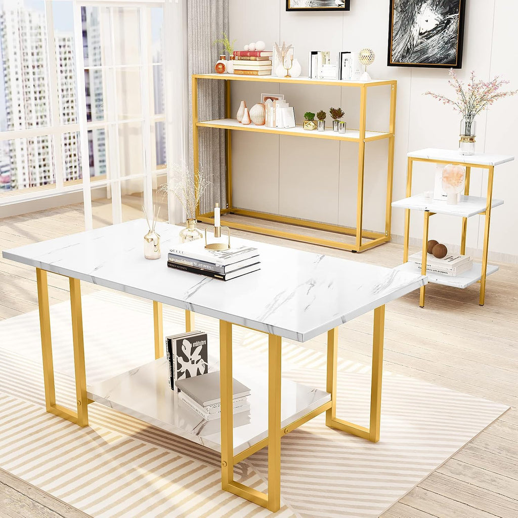 Lamerge Coffee Table Set of 3, Gold Coffee Table & 3-Tier End Table & Console Tables for Entryway,3 Piece Living Room Table Set with Metal Frame,Accent Table Side Table for Home,Office,Gold+White