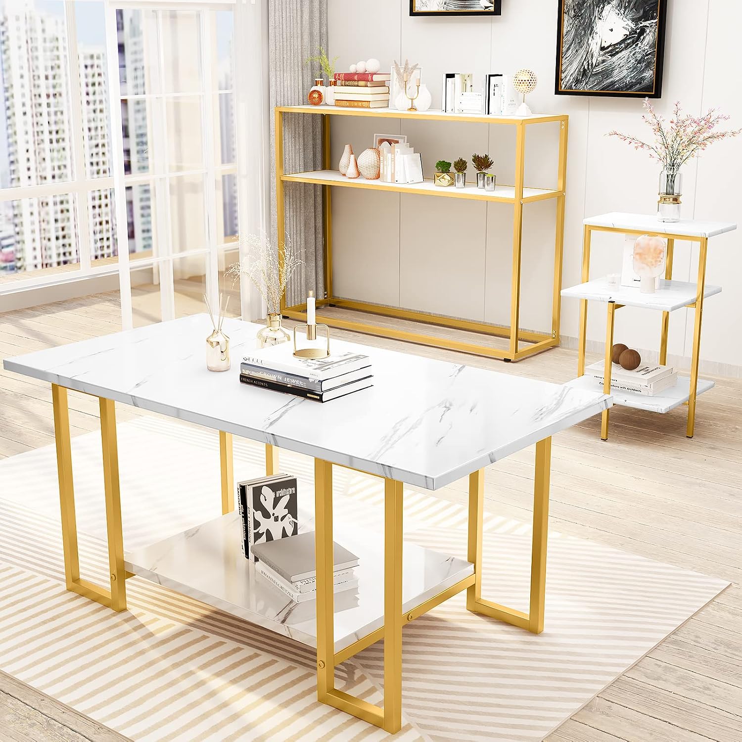 Lamerge Coffee Table Set of 3, Gold Coffee Table & 3-Tier End Table & Console Tables for Entryway,3 Piece Living Room Table Set with Metal Frame,Accent Table Side Table for Home,Office,Gold+White