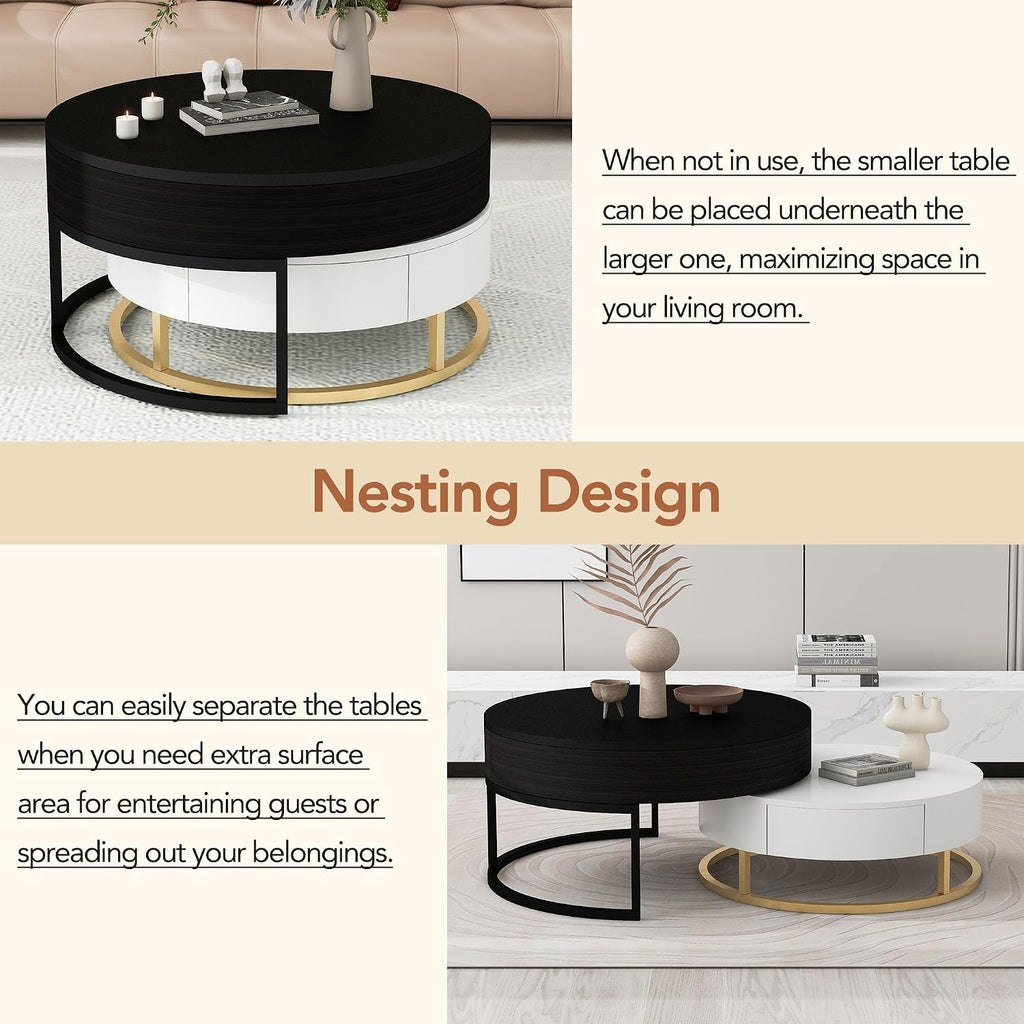 Round Lift-Top Nesting Coffee Table Set of 2, Modern Coffee Table with 2 Storage Drawers, Circular Wood Center Table Set for Living Room, Apartment, White & Black