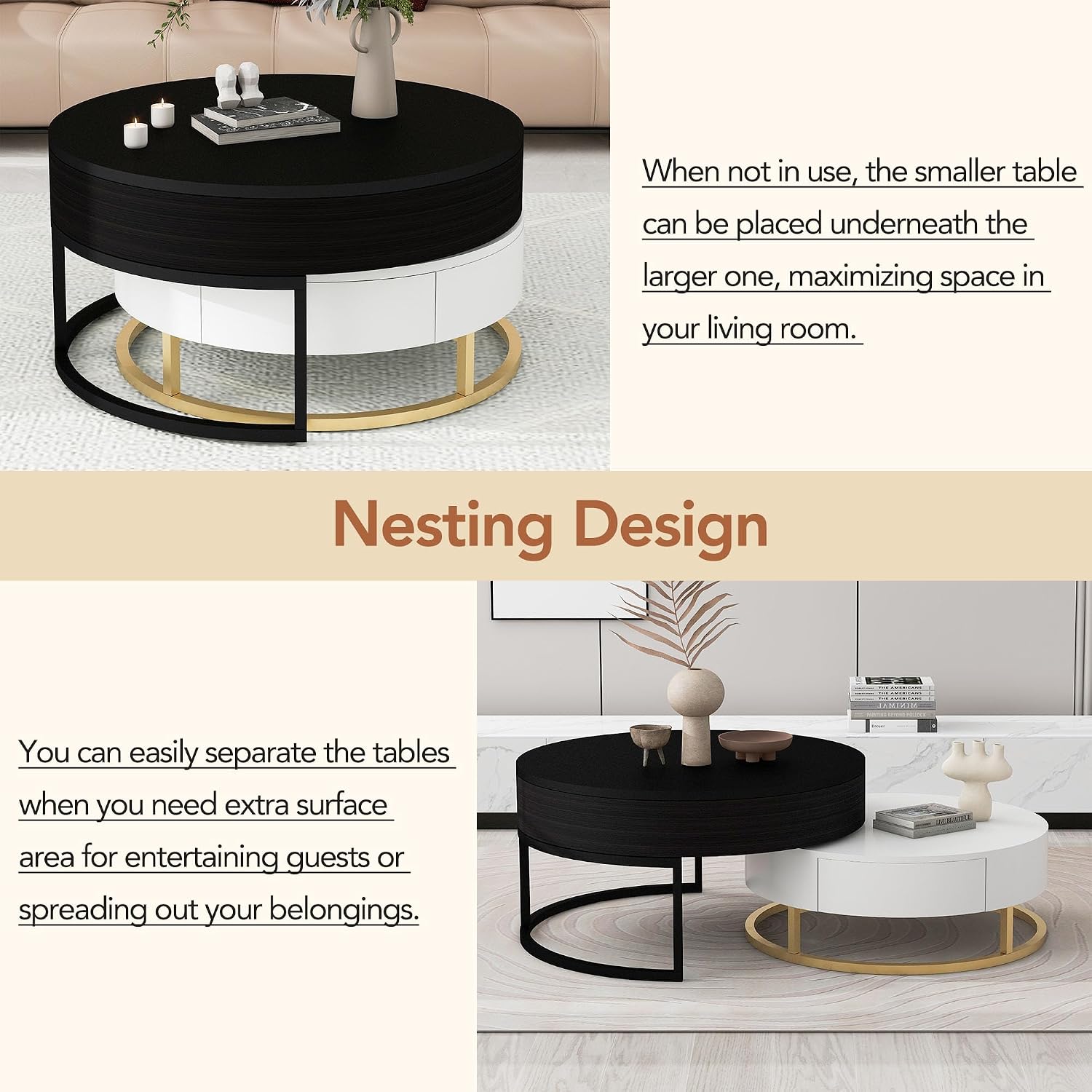 Round Lift-Top Nesting Coffee Table Set of 2, Modern Coffee Table with 2 Storage Drawers, Circular Wood Center Table Set for Living Room, Apartment, White & Black