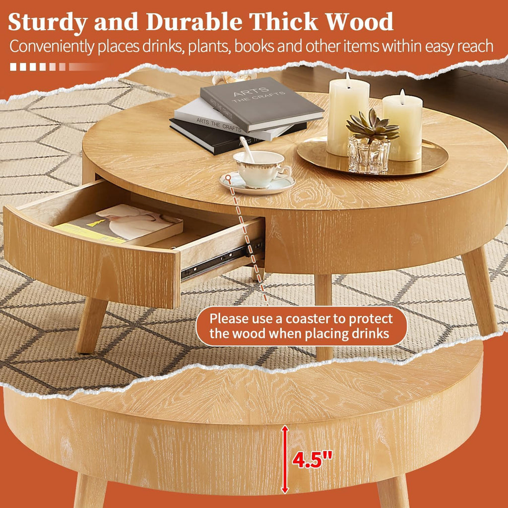 Round Wood Coffee Table for Living Room, Modern Wood Table with Storage, Wooden Circle Coffee Table, 29.14' L x 29.14' W x 15.87' H
