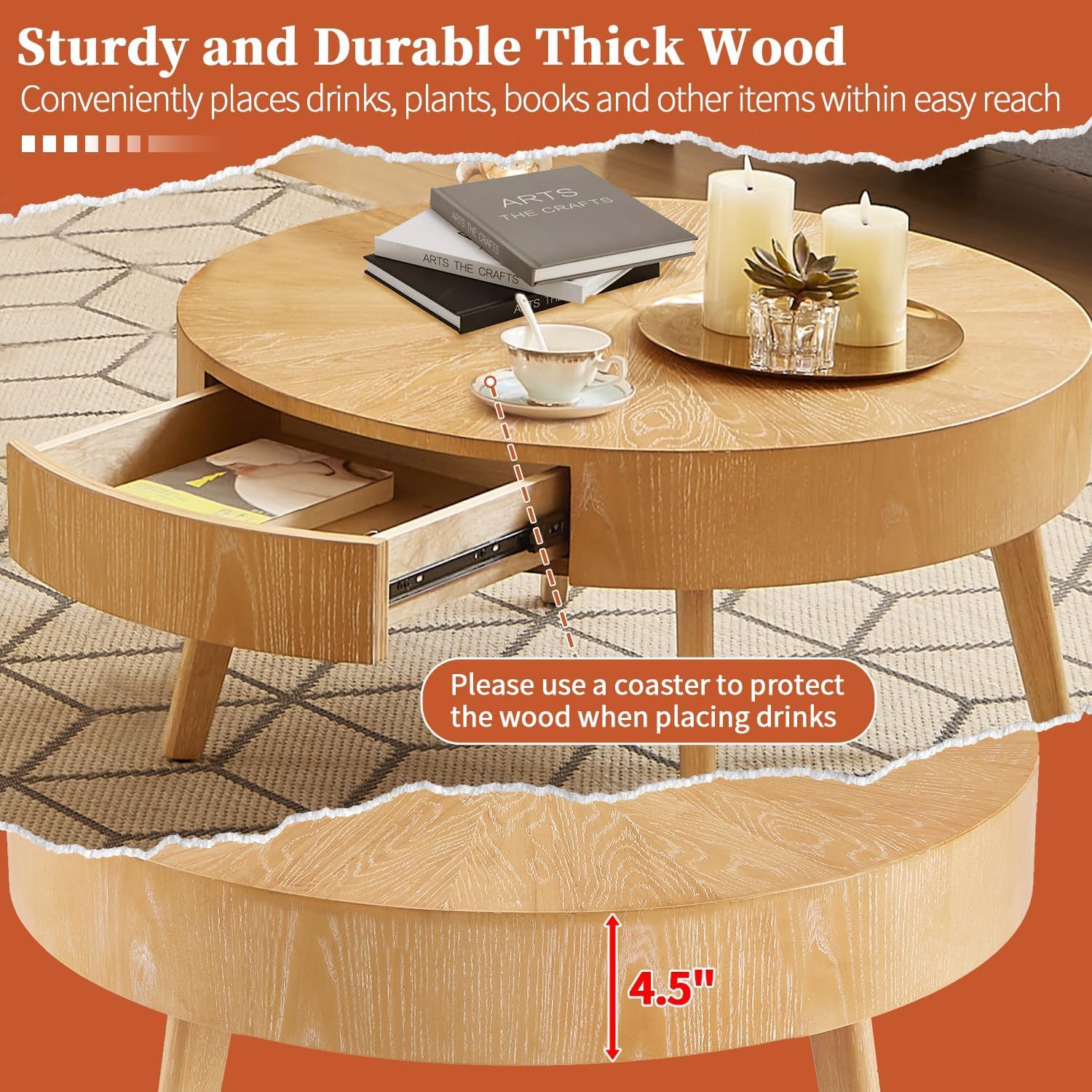 Round Wood Coffee Table for Living Room, Modern Wood Table with Storage, Wooden Circle Coffee Table, 29.14' L x 29.14' W x 15.87' H