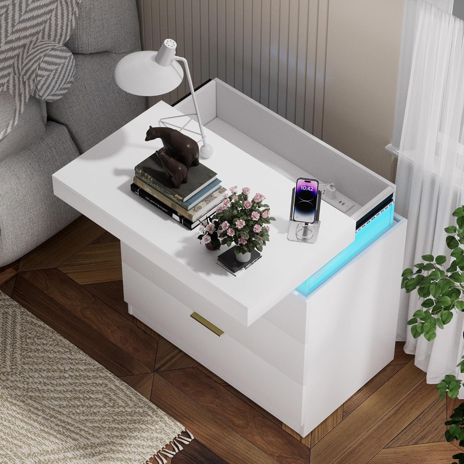 Modern LED Nightstand with Charging Station, 3 Drawers, RGB Lighting, Built-in Power Hub, White End Table, 28.8W x 17D x 30.5H inches (White)
