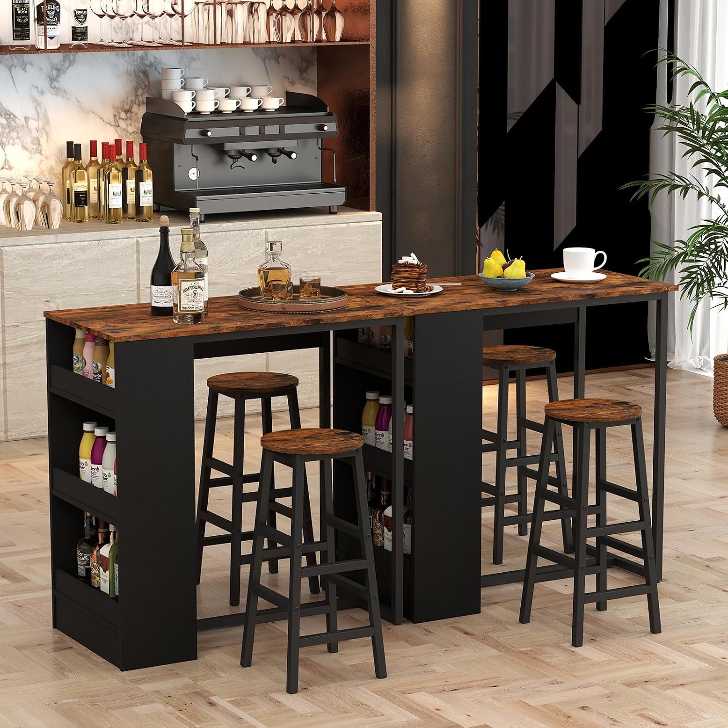 COSTWAY 3-Piece Bar Table Set, 36' Counter Height Breakfast Table with 3 Storage Shelves & 2 Round Stools, Rectangular Kitchen Table Set for 2, for Dining Room, Living Room, Rustic Brown and Black
