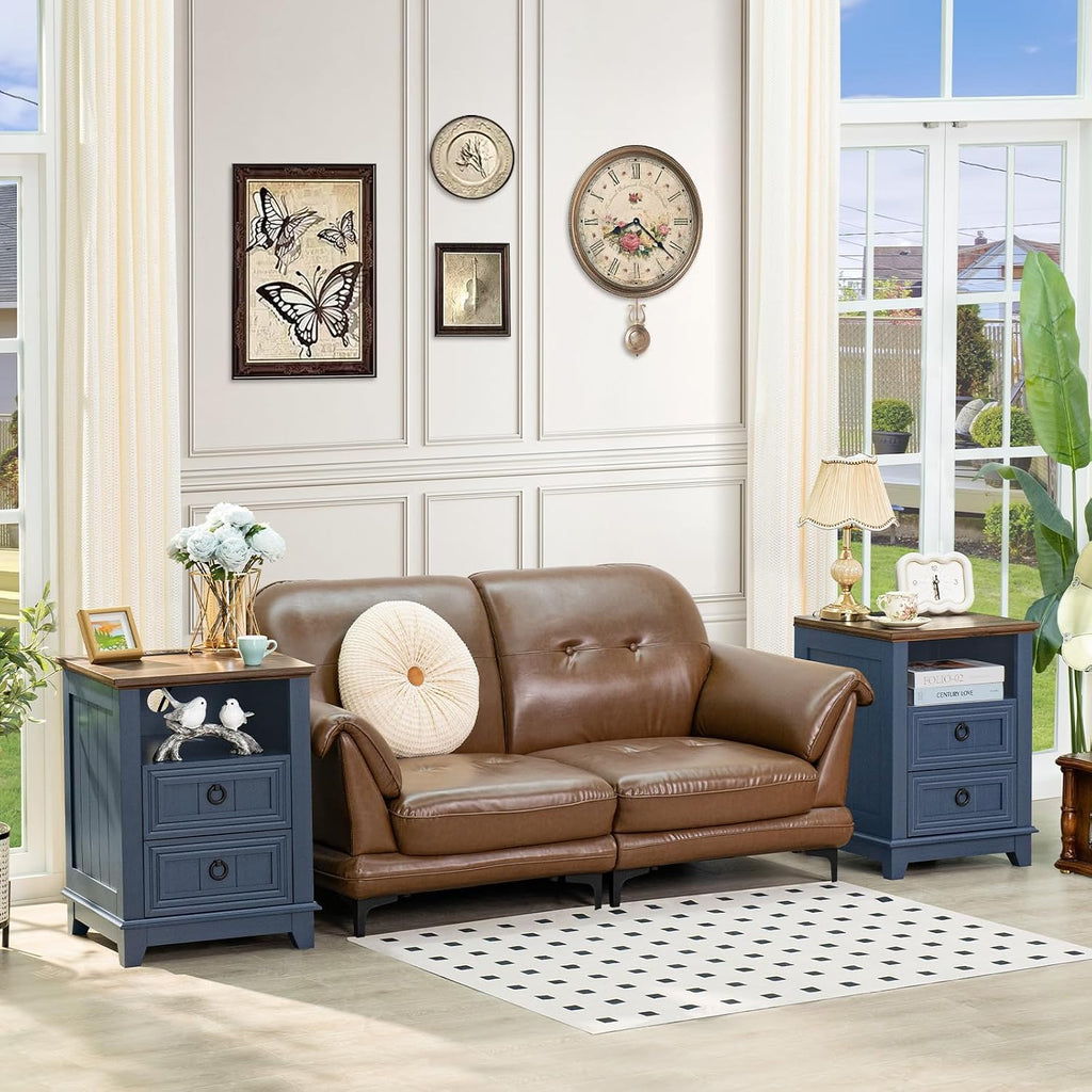 Farmhouse Coffee Table Set of 3, Furniture Set with Charging Station, Coffee Table with Hidden Storage Organizer and Nightsand 3-piece set, Country Center Table Set for Living Room,Office, Home, Blue