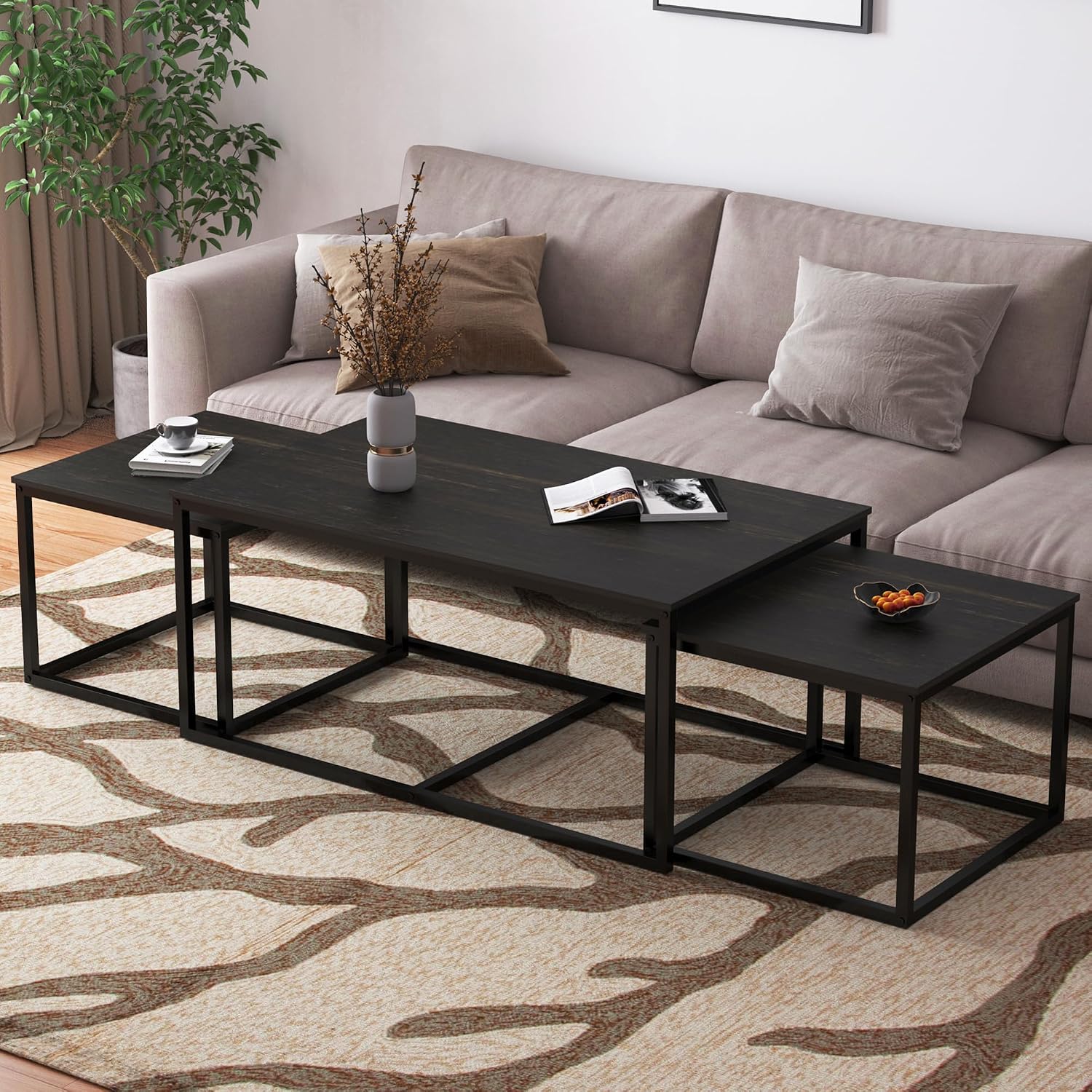 Nesting Coffee Tables,3 Piece Living Room Coffee Table,Industrial Rectangular Coffee Table Set,End Table Side Tables for Living Room Bedroom(Black)
