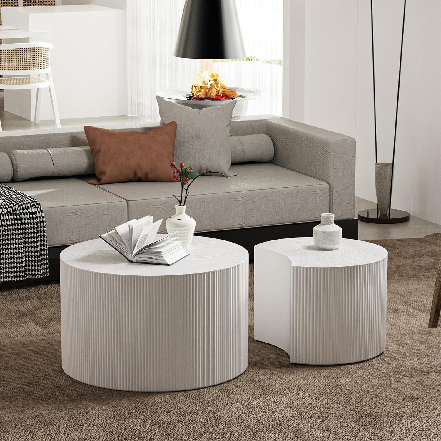 Round Coffee Table Set of 2 Modern Nesting Coffee Tables for Living Room Wave Stripe Round Coffee Table for Living Room Bedroom (B)
