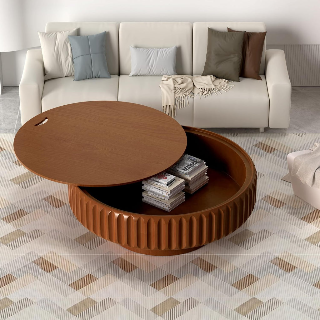 Round Wood Fluted Coffee Table with Storage, 39' Round Fluted Coffee Table with Flip-Top Lid Mid Century Modern Low Circle Drum Coffee Tables for Living Room (Brown, 39 inch)