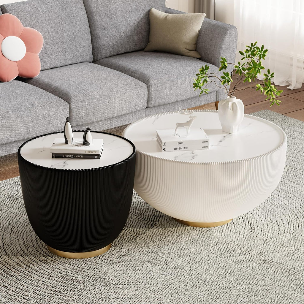 Round Coffee Table Set of 2, Sintered Stone White Coffee Table with Black End Table, Nesting Tables for Living Room, Accent Side Table for Apartment Home Office, No Need Assembly