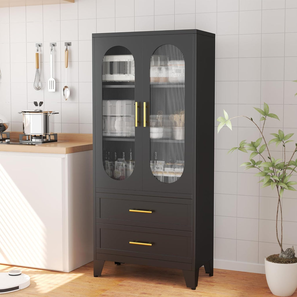 PAOFIN Kitchen Pantry Storage Cabinet with 2 Acrylic Doors, 2 Drawers,2 Adjustable Shelves, freestanding Cupboard Versatile Storage for Office, Laundry,Dining Room or Living Room (61' Black)