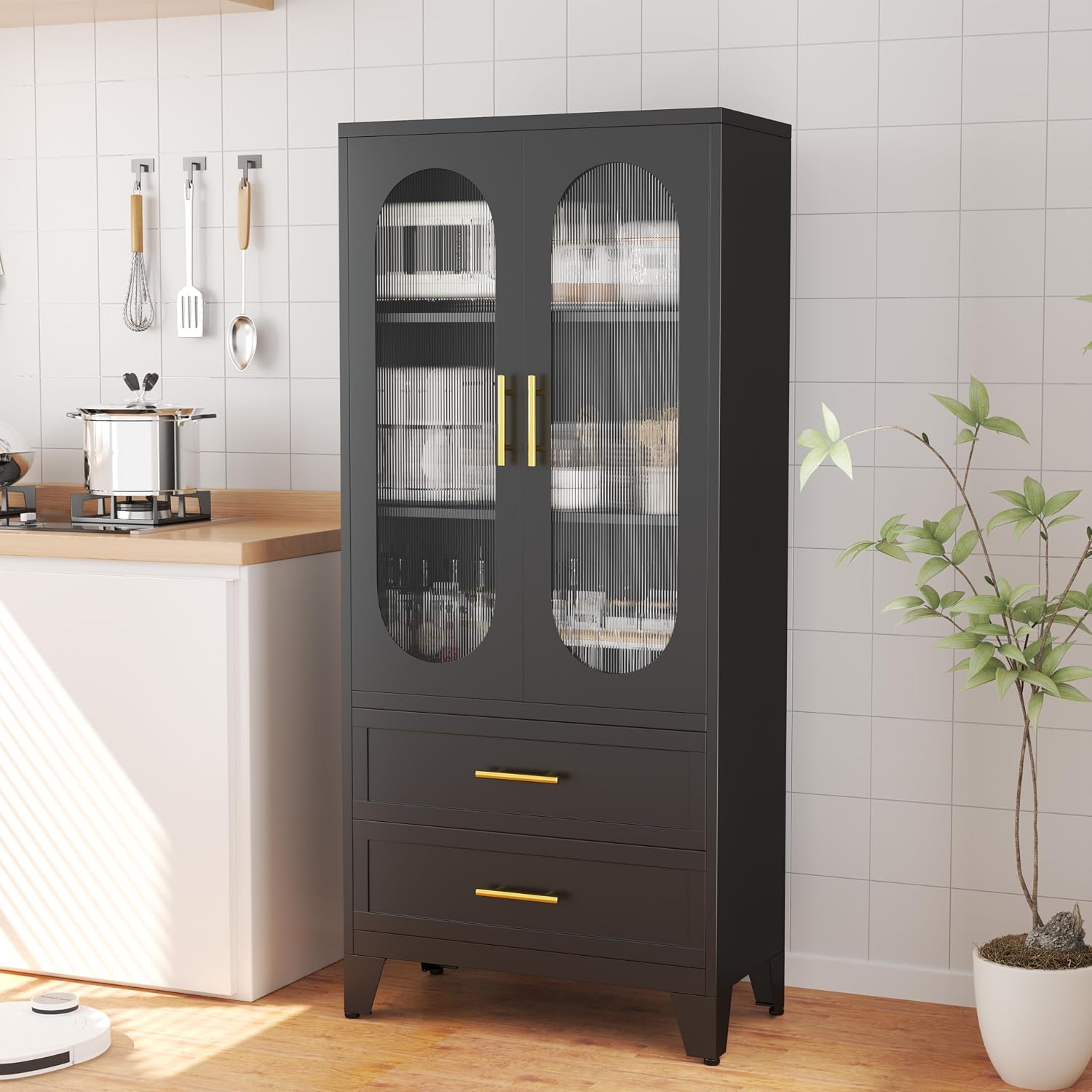 PAOFIN Kitchen Pantry Storage Cabinet with 2 Acrylic Doors, 2 Drawers,2 Adjustable Shelves, freestanding Cupboard Versatile Storage for Office, Laundry,Dining Room or Living Room (61' Black)