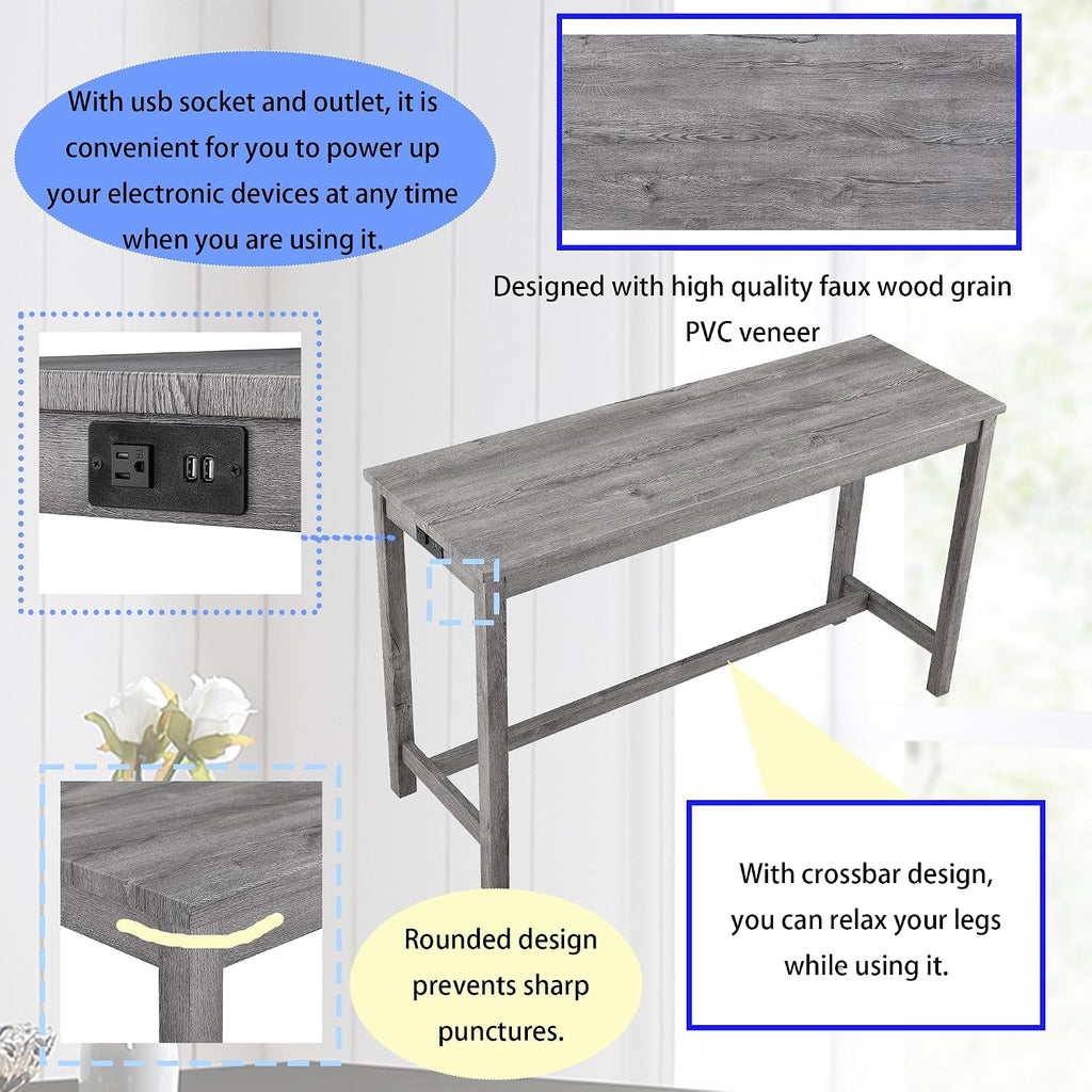 Merax 4 Piece Bar Table Set with Power Outlet,Industrial Breakfast Dining Table and Chairs Set with 3 Padded Stools,for Living Room,Game Room(Gray)