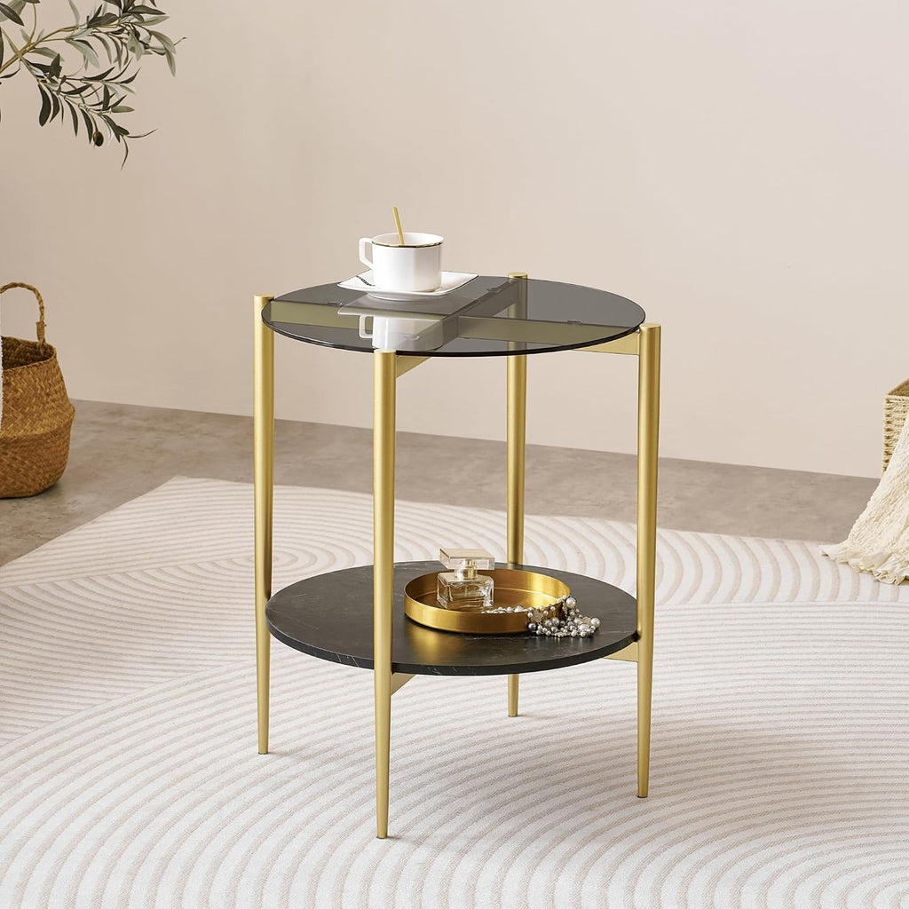LumFurn Round Glass End Table, Mid-Century Modern Design Sofa Table for Living Room, D18 x H23 in, 2-Tier Structure, Grey Glass Top and Black Marble Shelf, Sleek Conical Legs with Gold Finish Frame