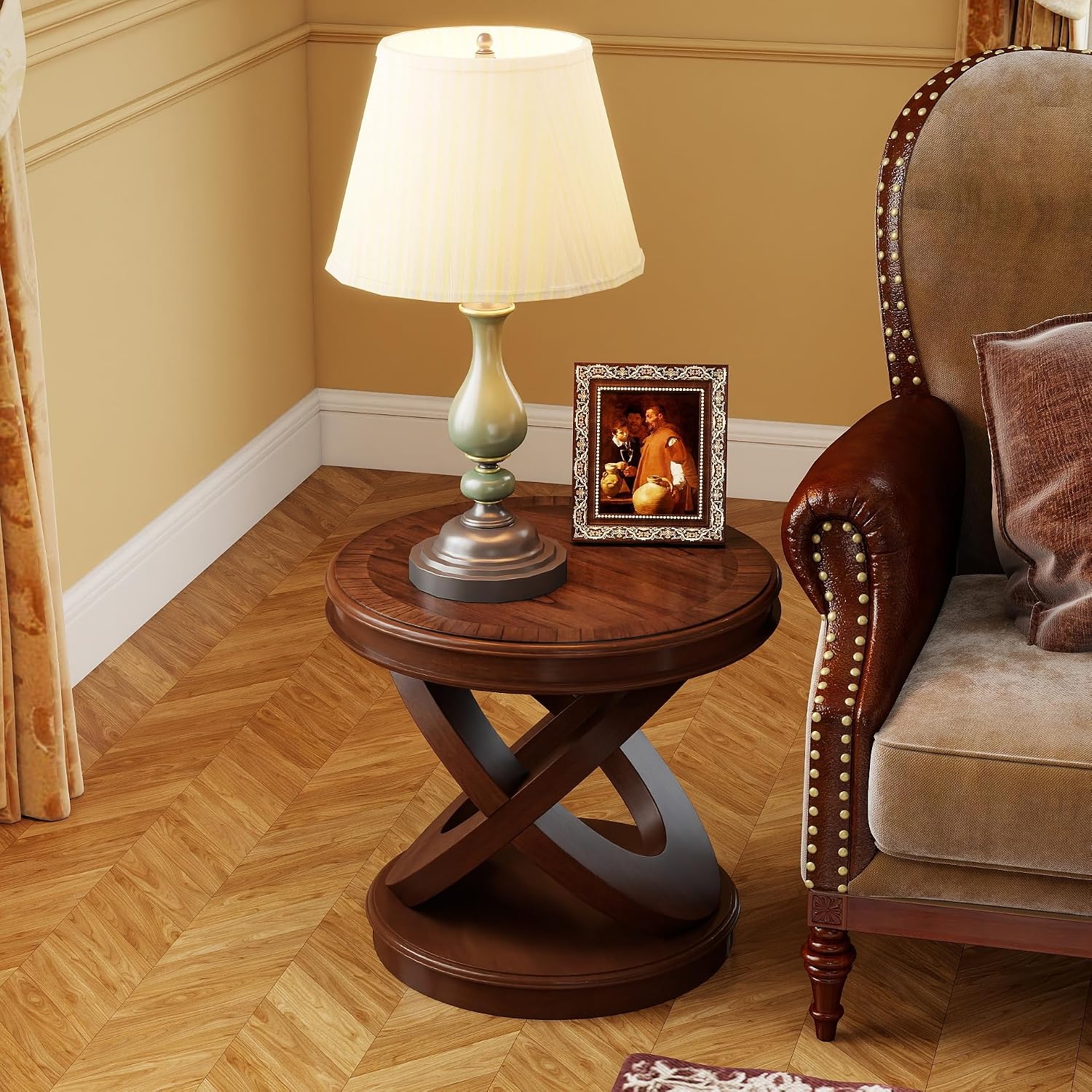 LKTART Round Wood End Tables for Living Room 22 Inch, X-Shaped Walnut Small Sofa Side Table, Vintage End Table for Small Space, Easy to Install(Walnut,22 Inch)