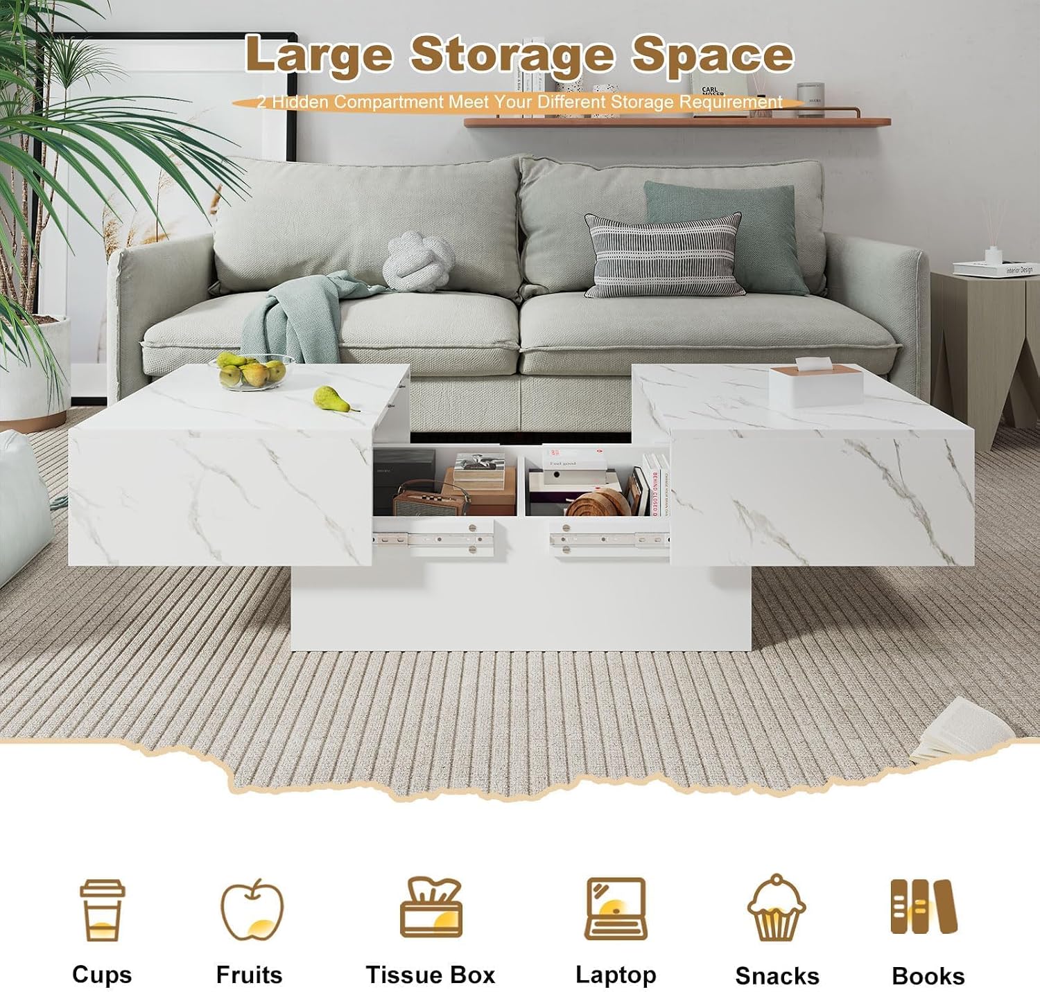 HedoAjim White Marble Coffee Table with Large Storage, Farmhouse Center Table for Living Room Mesas De Centro para Salas Modernas Nesting Modern Coffee Table for Reception Room