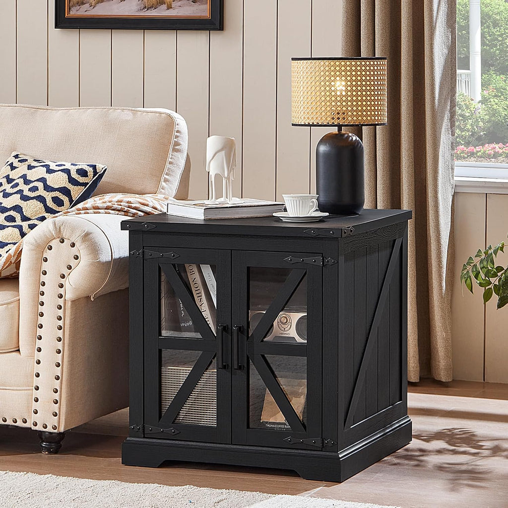 Joaxswe 24' End Table Set of 2 with Charging Station, Farmhouse Night Stand with Glass Barn Door, Nightstands with Adjustable Storage Shelf, Large Wood Square Bed Side Table for Living Room,Bedroom