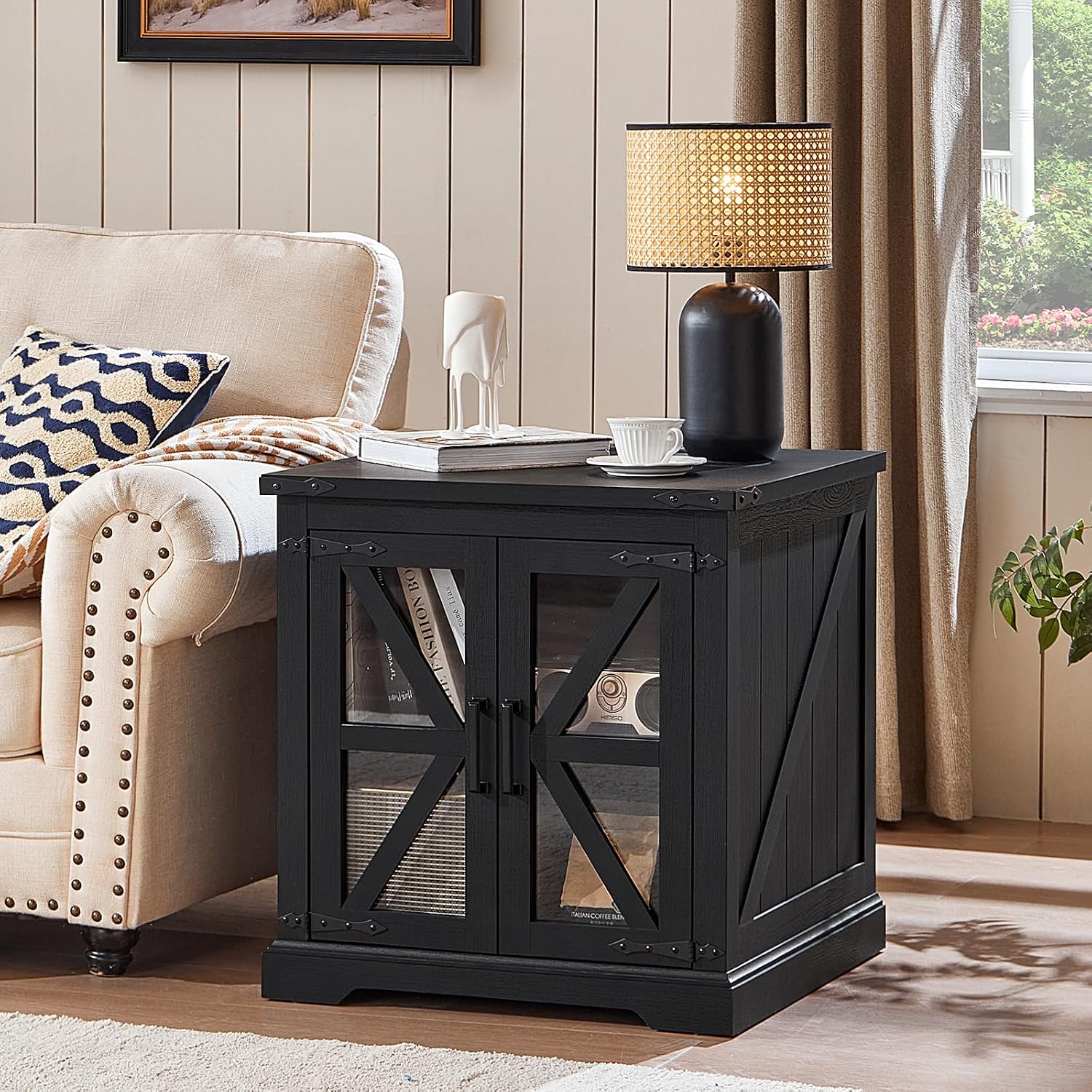 Joaxswe 24' End Table Set of 2 with Charging Station, Farmhouse Night Stand with Glass Barn Door, Nightstands with Adjustable Storage Shelf, Large Wood Square Bed Side Table for Living Room,Bedroom