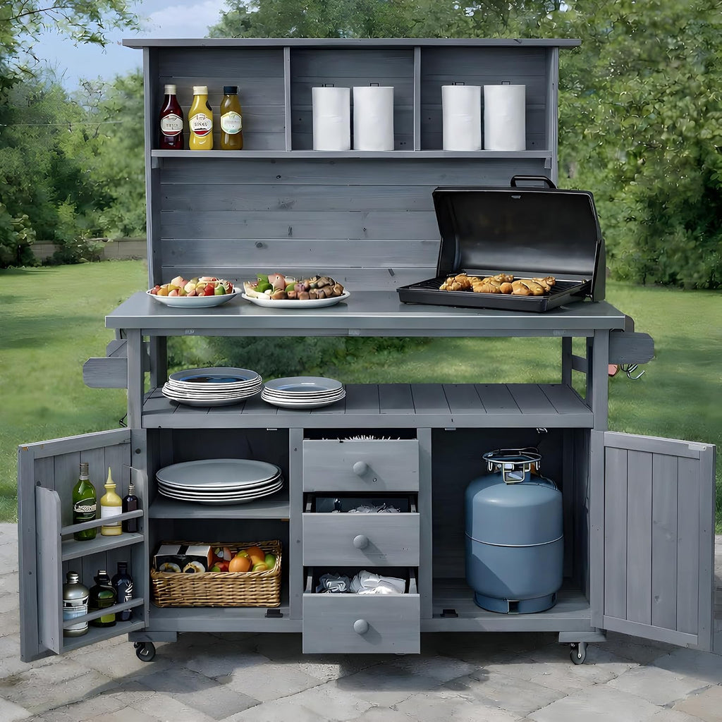 Merax 65''H Large Garden Storage Potting Bench with Lockable Wheels, Wood Outdoor Kitchen Island with Stainless Steel top, Drawers, Door Shelves and Hutch for Grilling, Gray