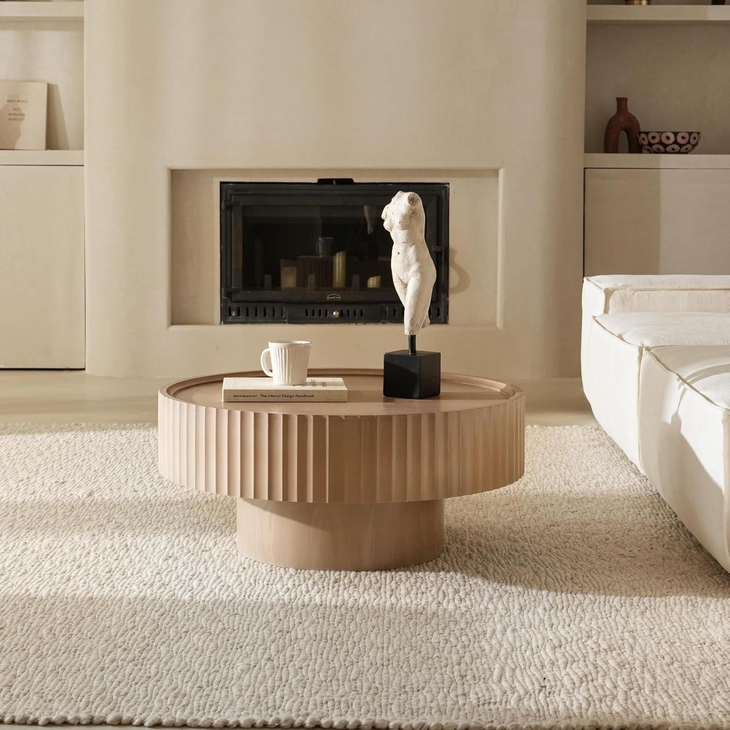 Round Coffee Table, 30.3in Modern Living Room Table, Fluted Drum Circle Tea Table with Storage, Accent Center Tables for Living Room, Apartment, Small Space (Grayish Pink)
