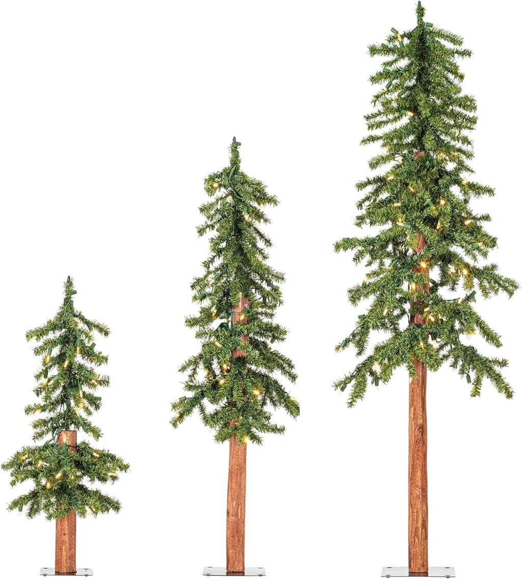 Pemberly Row Natural Alpine Artificial Christmas Tree Set, 2', 3', 4' Sizes, 633 Green PVC Tips, Unlit, Metal Stands, Rustic Seasonal Decor for Tabletops, Living Areas, Small Spaces