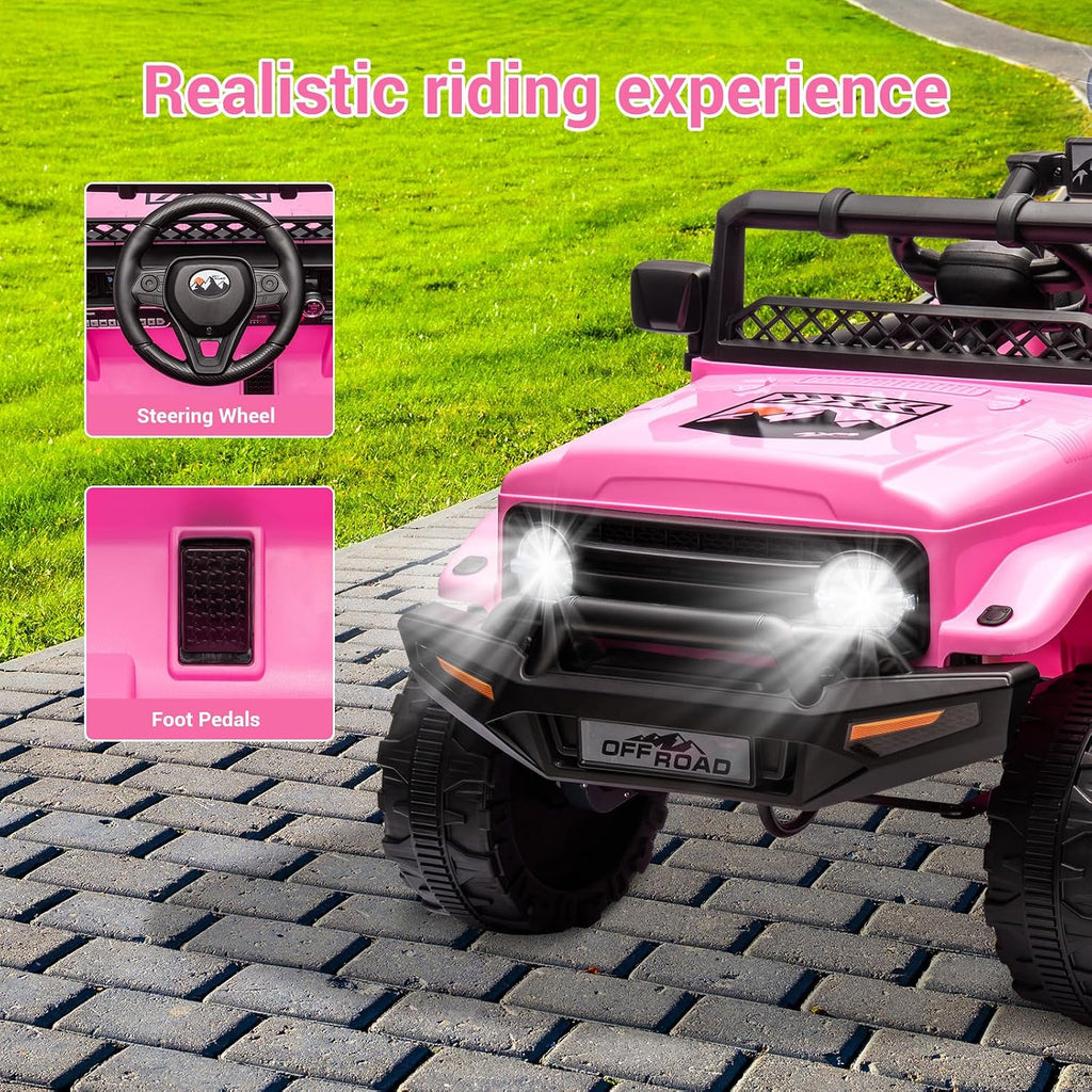 SEHOMY 12V Kids Ride On Truck with Parent Remote, 4 Wheelers Battery Powered Electric Toys Car Toddler - 3 Speed, Spring Suspension, LED Lights, Safety Start, Music, Kids Electric Vehicles Pink