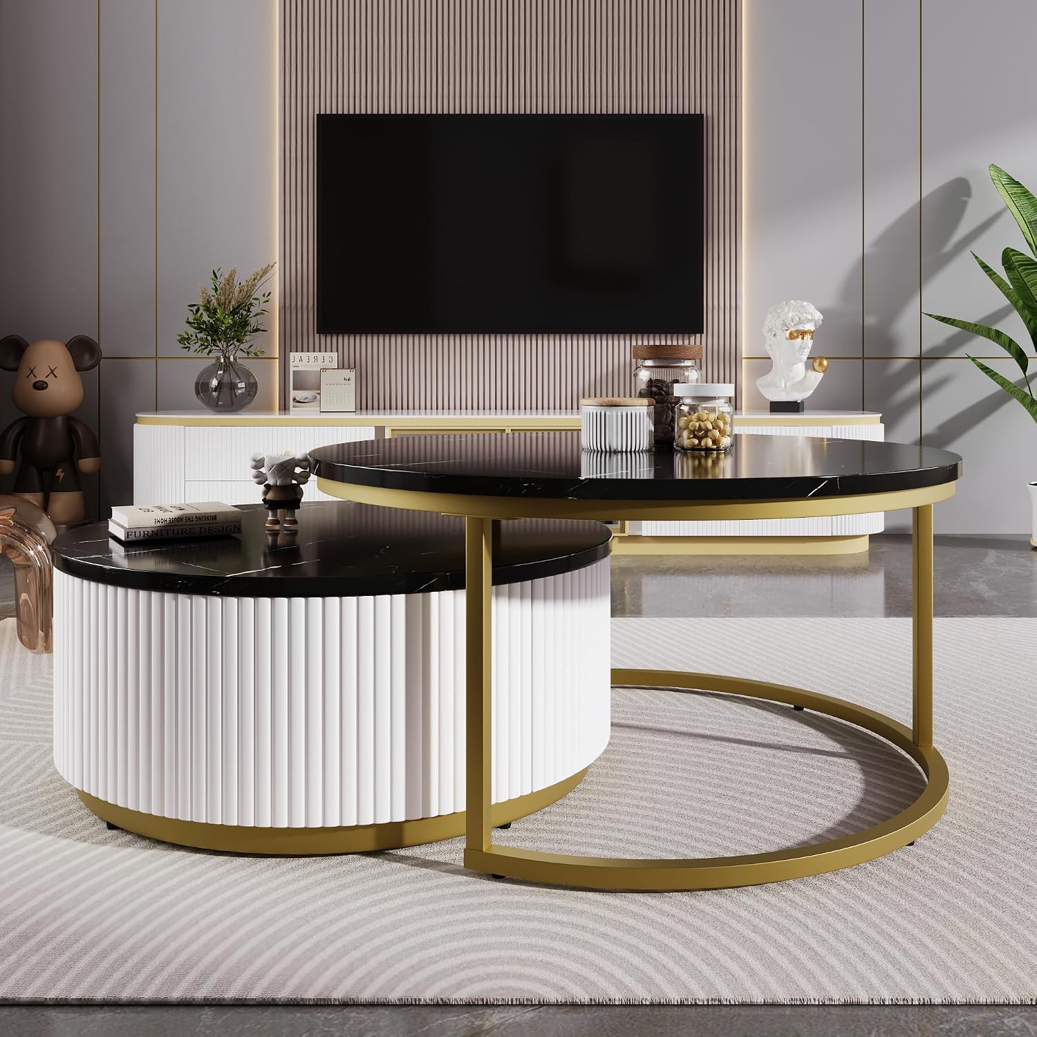 27.6' Lift-Top Nesting Coffee Table Set of 2, Modern Round Coffee Table with Drawer, Circular Wood Center Table Set for Living Room, Apartment, Black & Gold