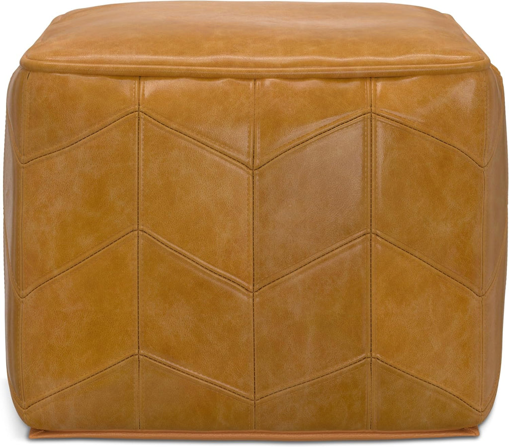 SIMPLIHOME Morden Square Pouf - 18 inch Wide Upholstered Genuine Leather Ottoman in Brown, Contemporary Footstool or Extra Seating for Living Room or Bedroom with Chevron Pattern, Assembled