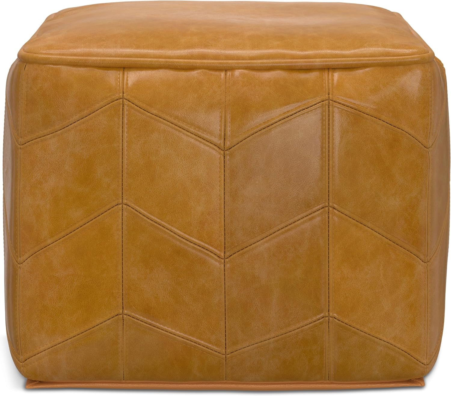 SIMPLIHOME Morden Square Pouf - 18 inch Wide Upholstered Genuine Leather Ottoman in Brown, Contemporary Footstool or Extra Seating for Living Room or Bedroom with Chevron Pattern, Assembled