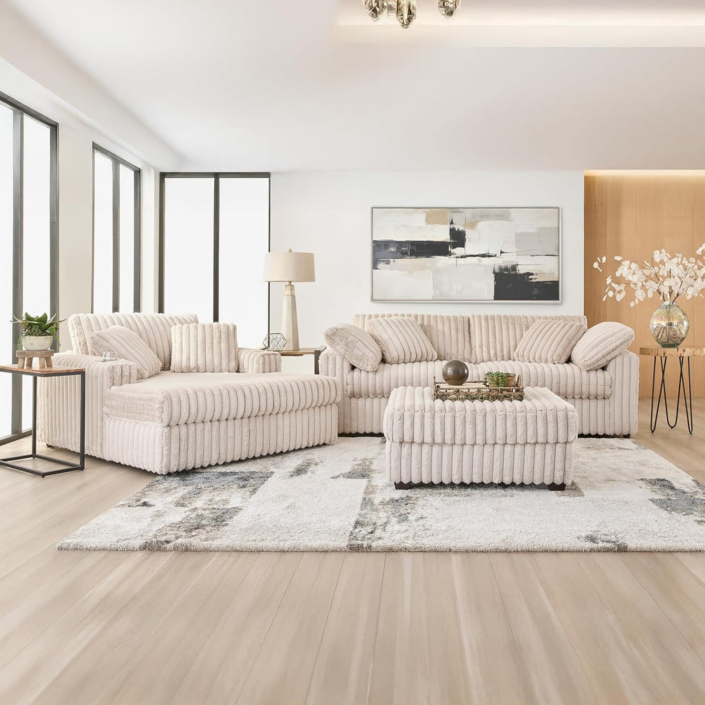 Roundhill Furniture Belvoir 3-Piece Living Room Set, Sofa Cuddle Chaise and Ottoman, Beige Champagne